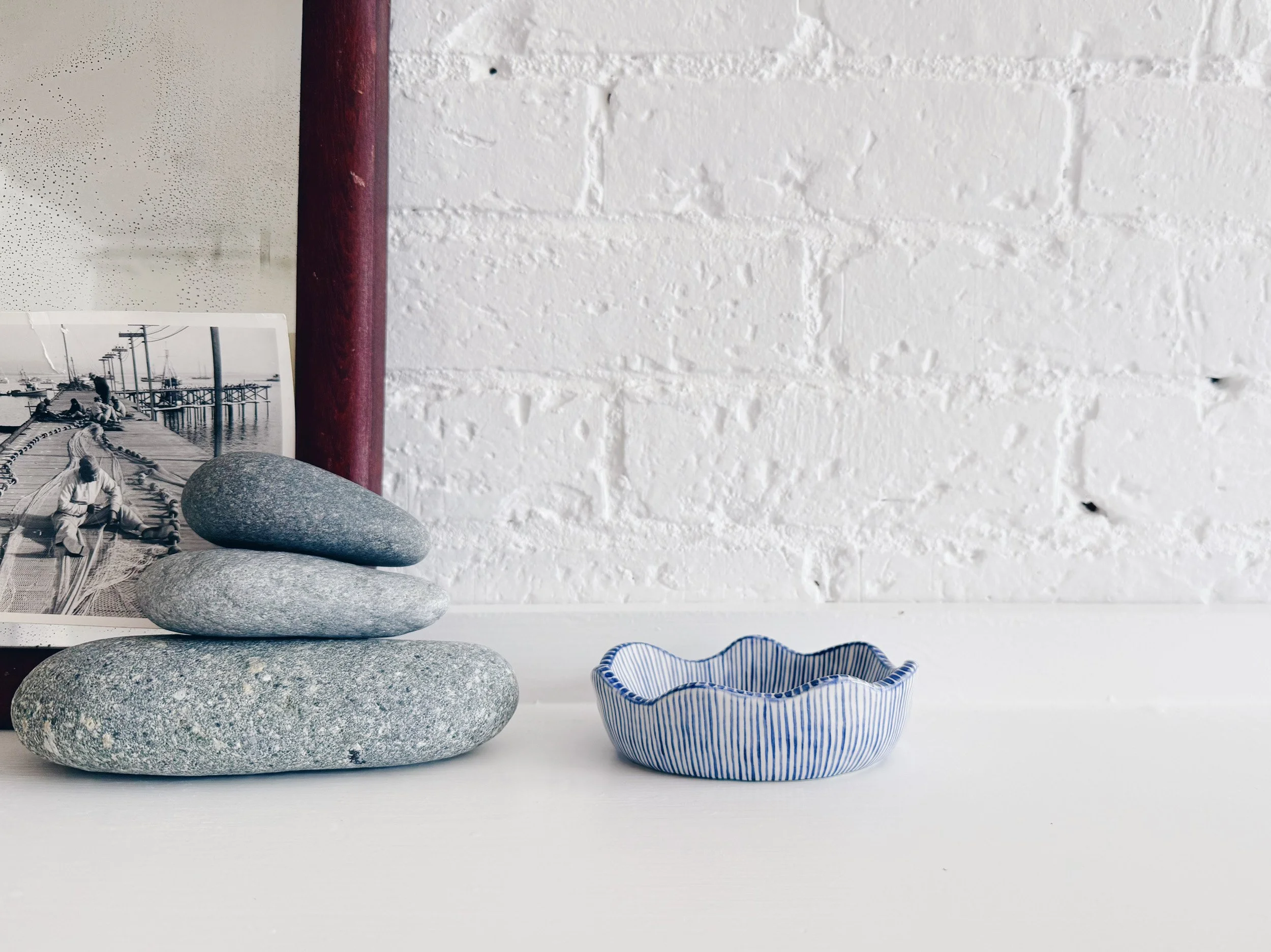 Blue and white, handmade ceramic dish.