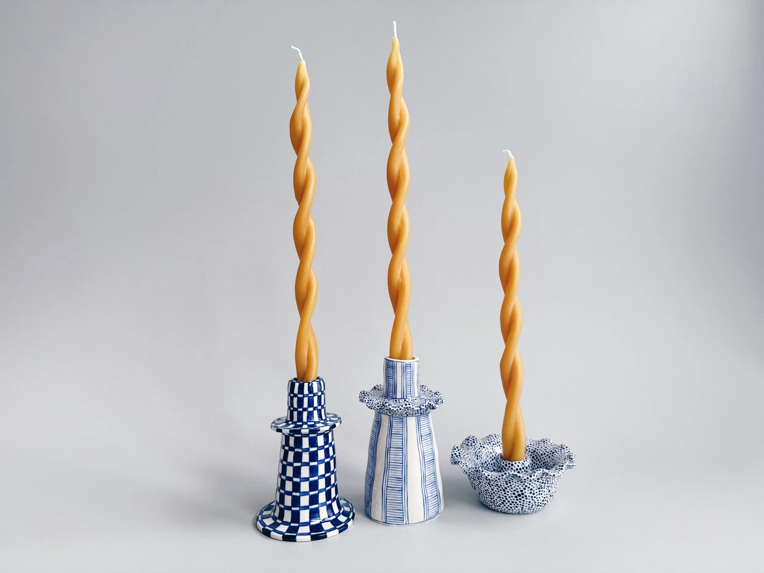 Blue and white, handmade ceramic candleholder.