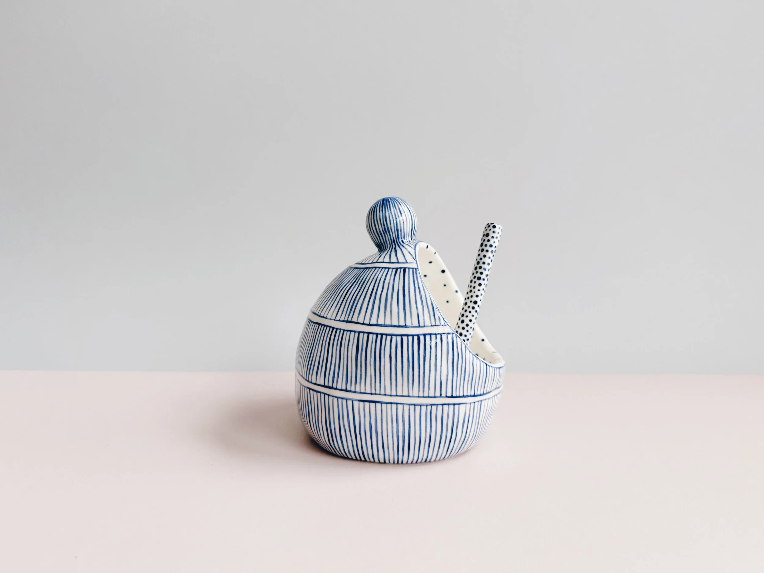 Blue and white, handmade ceramic salt cellar.