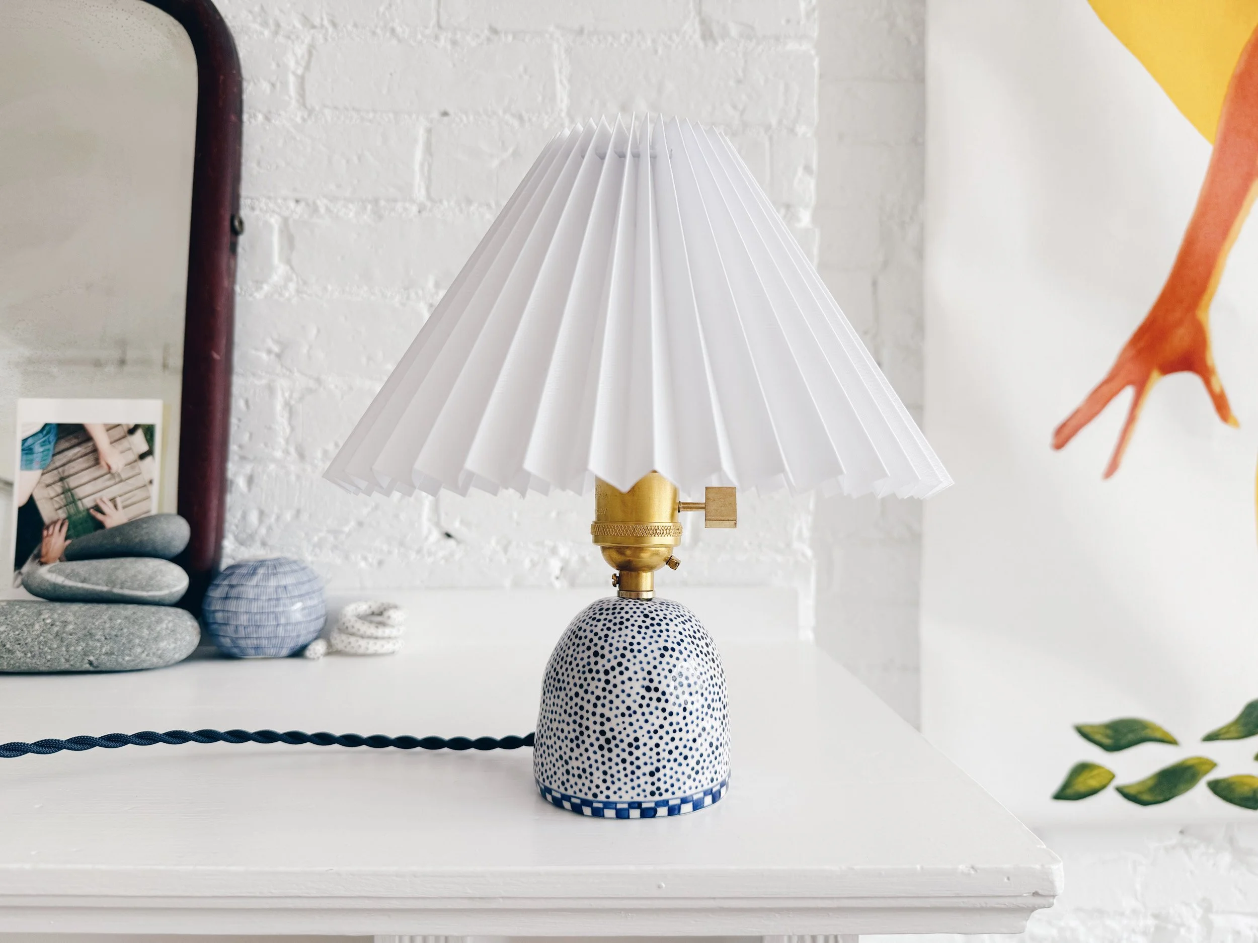 Blue and white, handmade ceramic lamp.