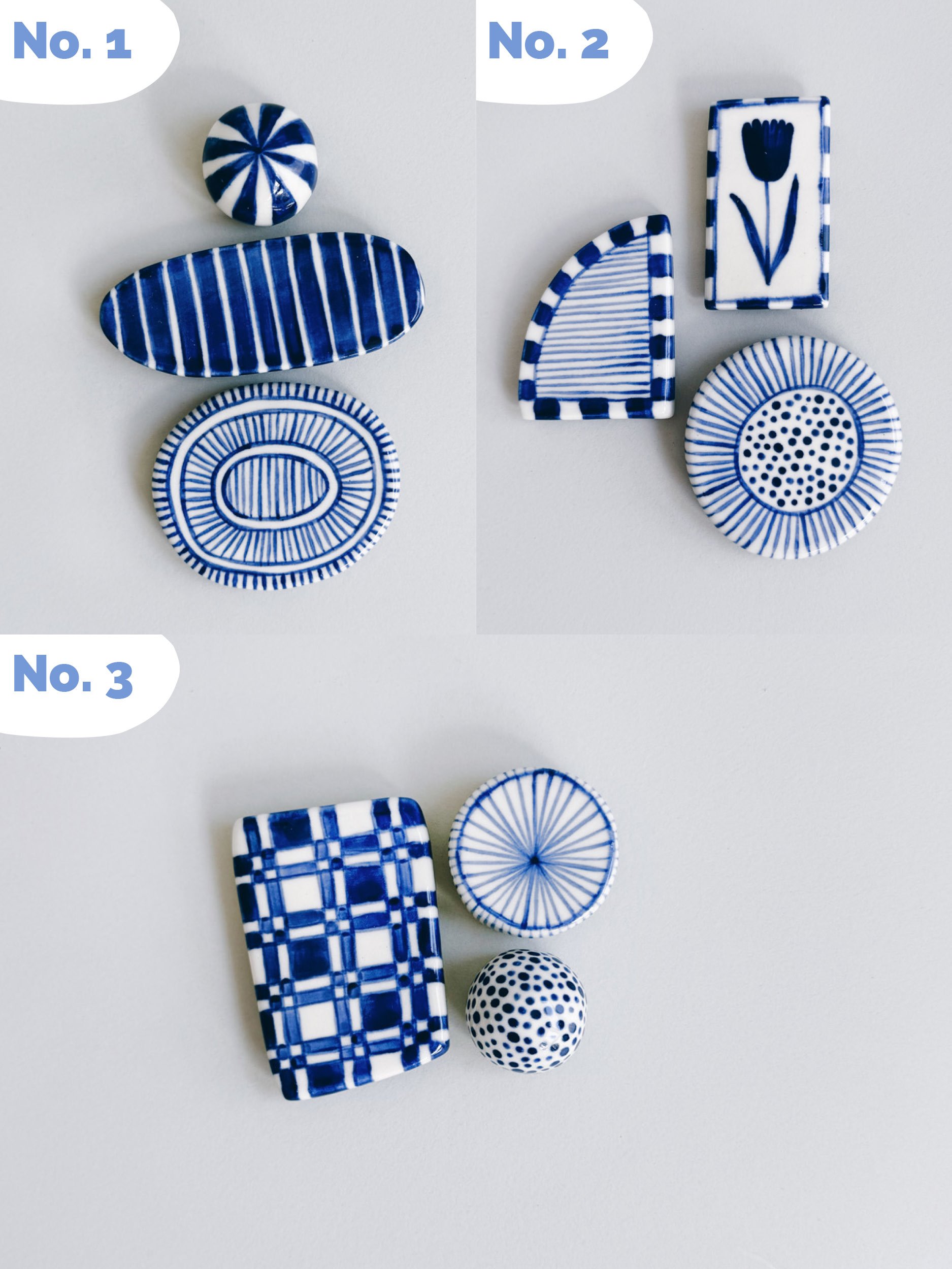 Blue and white, handmade ceramic magnets.