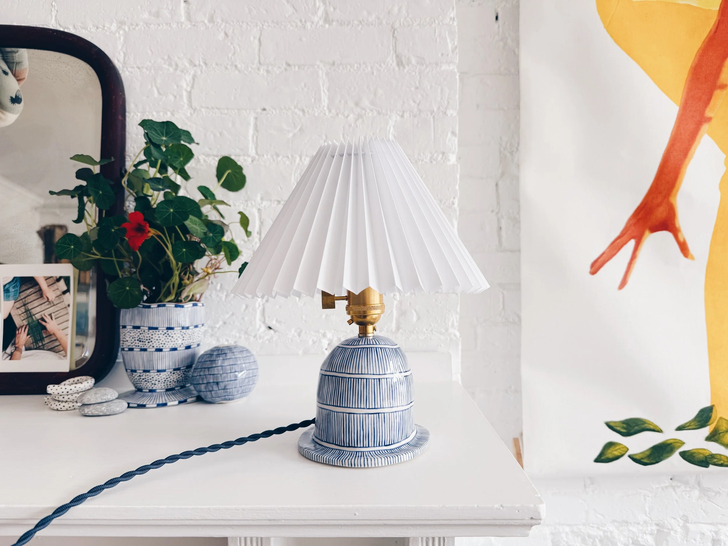 Blue and white, handmade ceramic lamp.