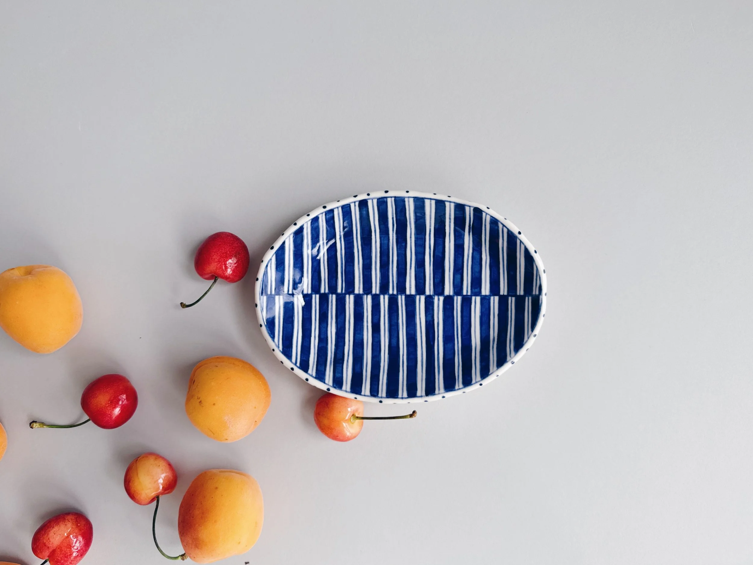 Blue and white, handmade ceramic dish.