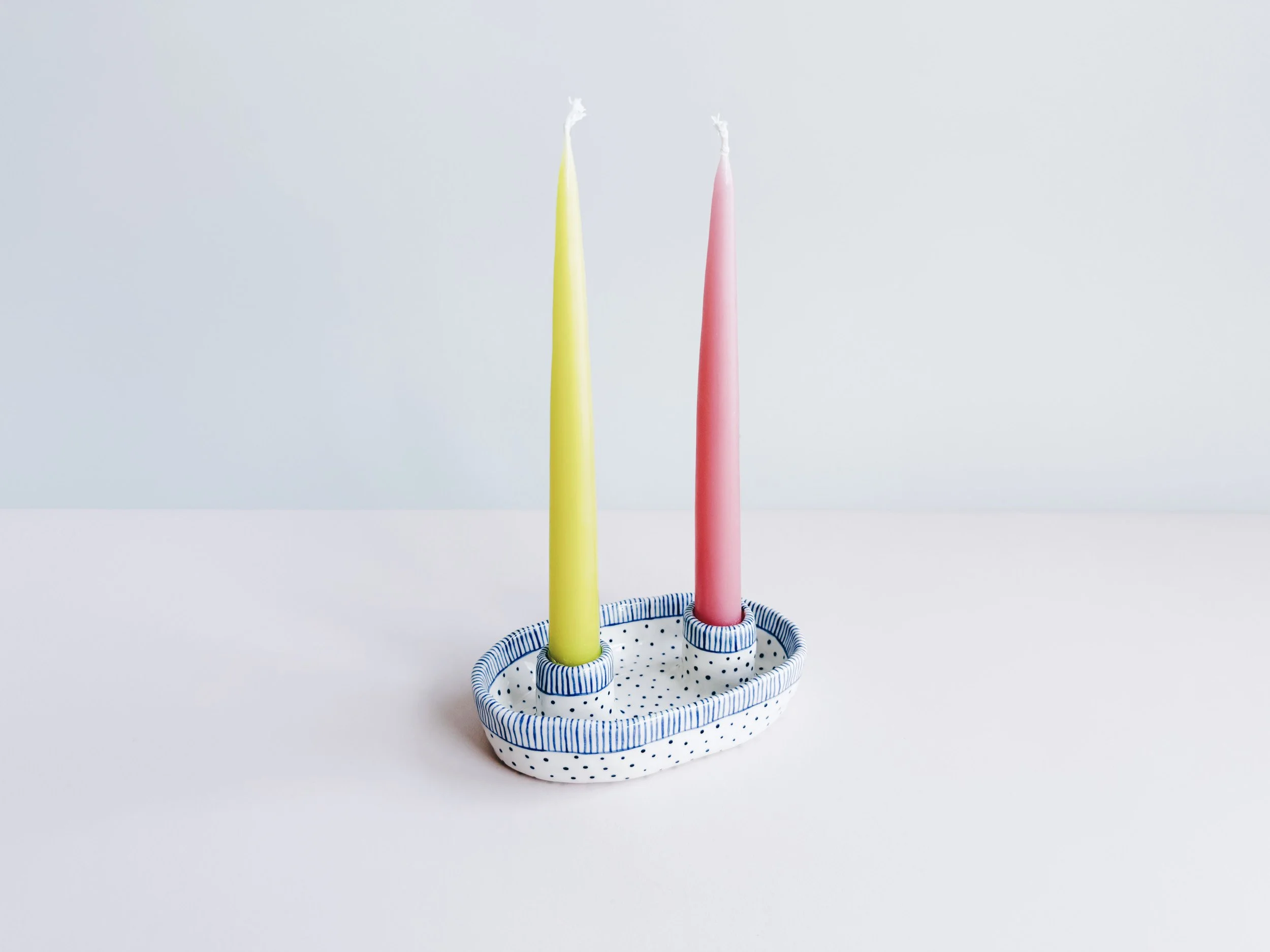 Blue and white, handmade ceramic candleholder.