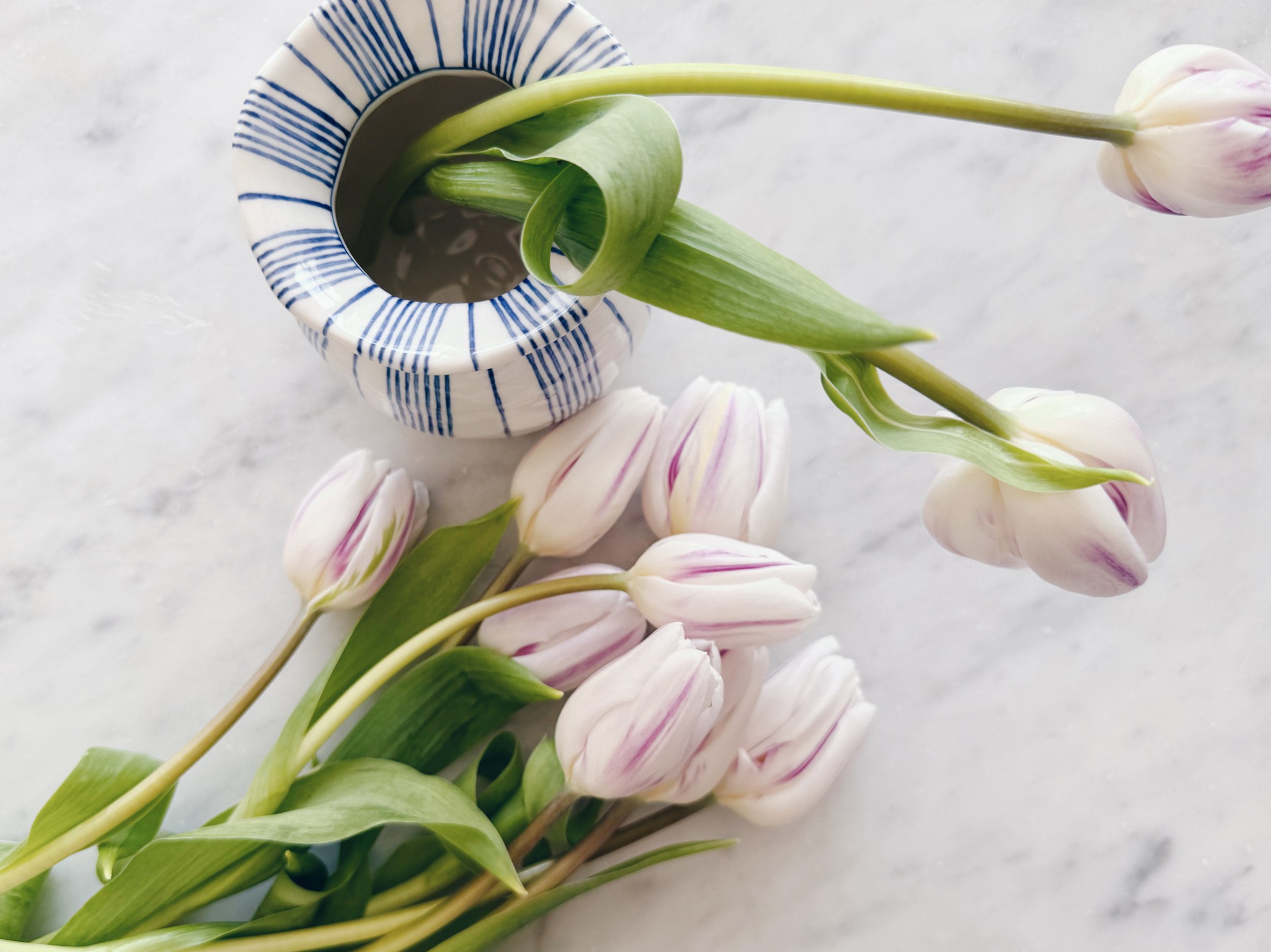 Blue and white, handmade ceramic vase.