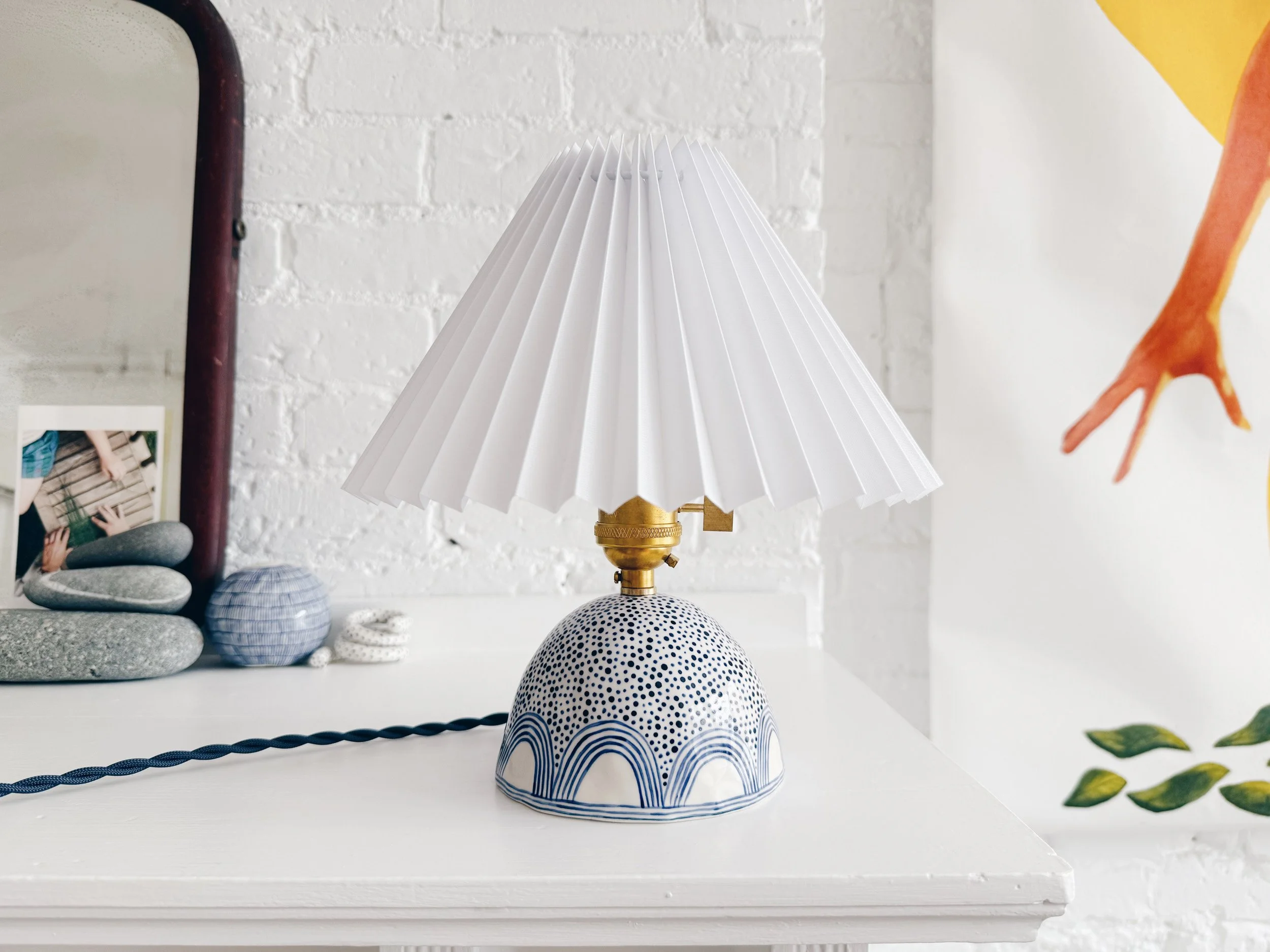 Blue and white, handmade ceramic lamp.