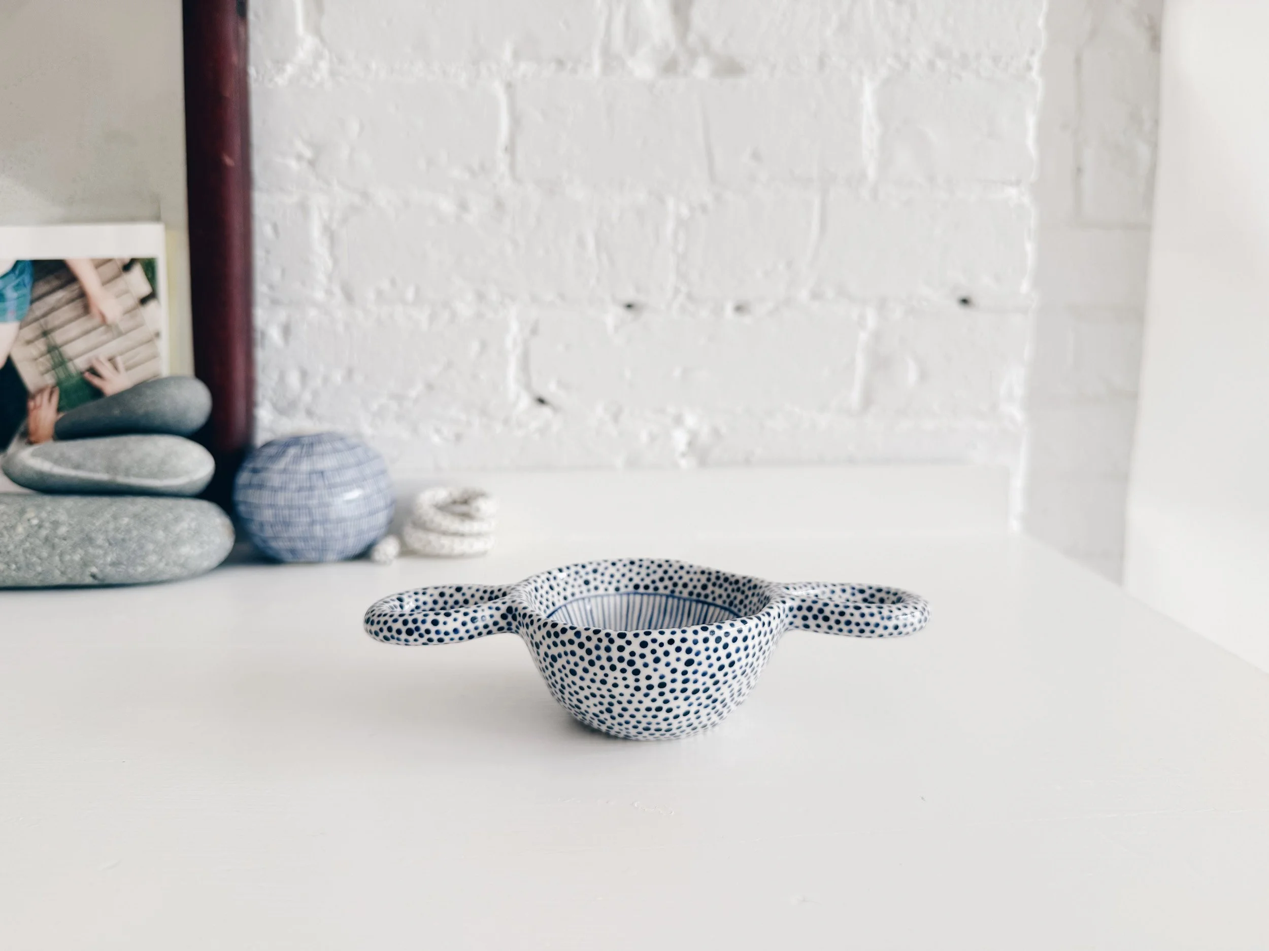 Blue and white, handmade ceramic bowl.