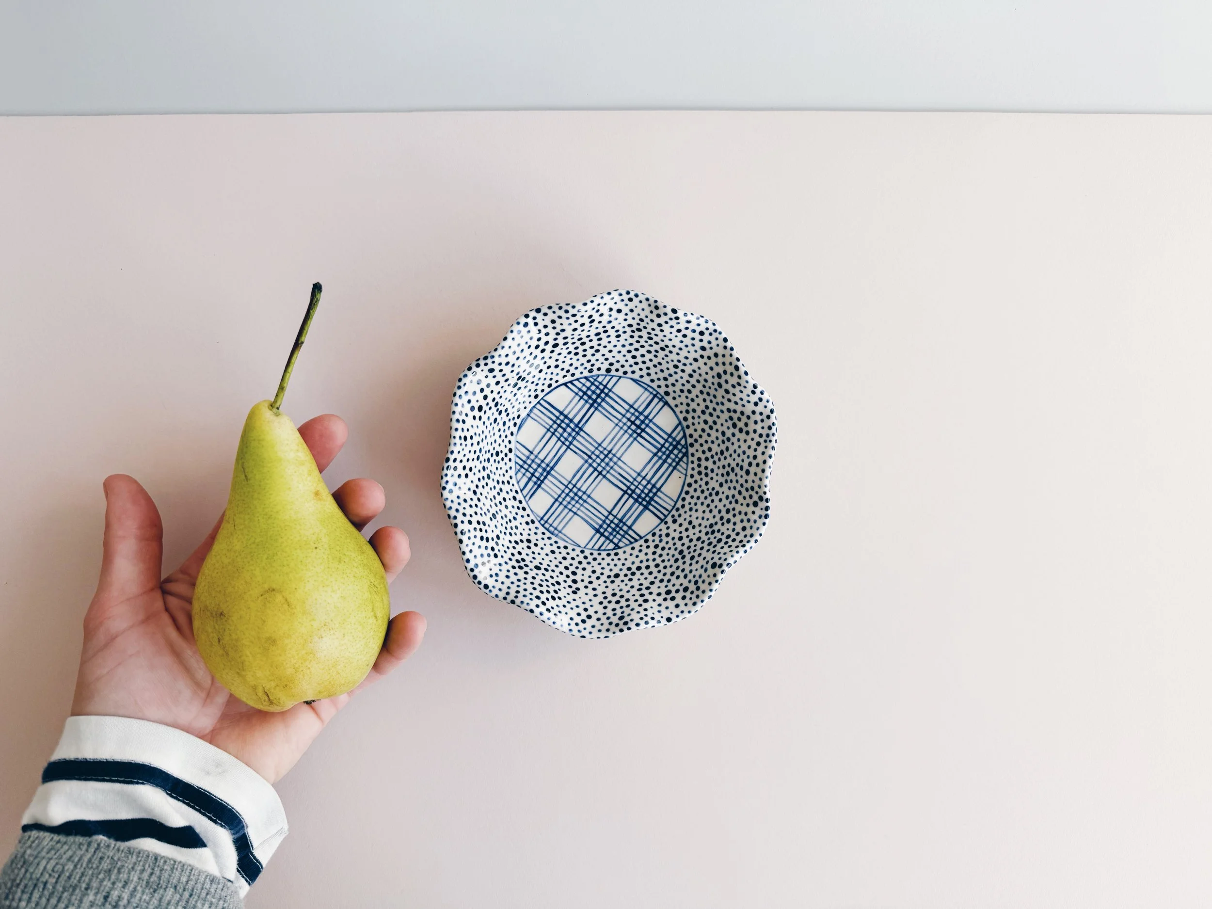 Blue and white, handmade ceramic bowl.