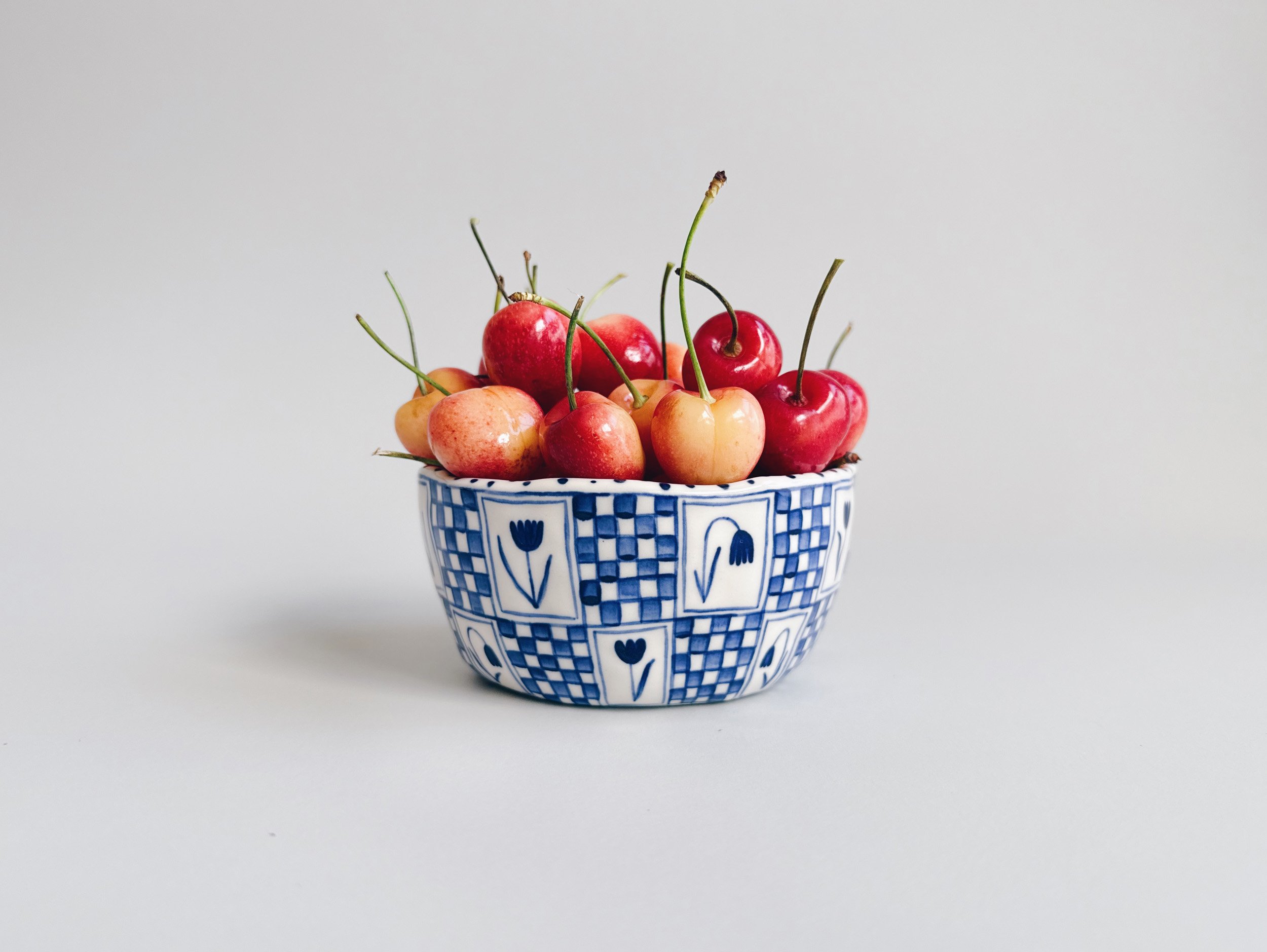 Blue and white, handmade ceramic bowl.