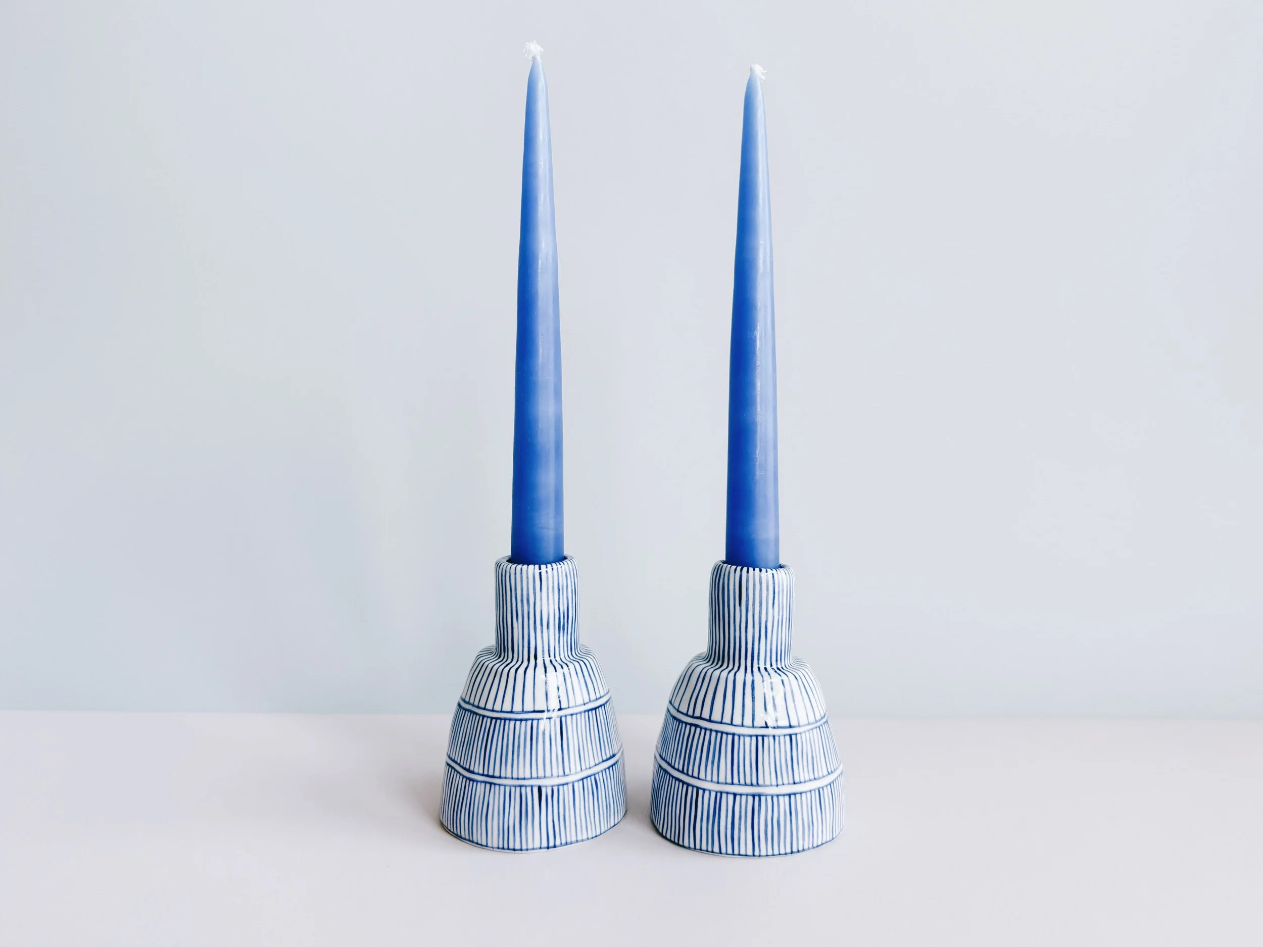 Blue and white, handmade ceramic candleholder.