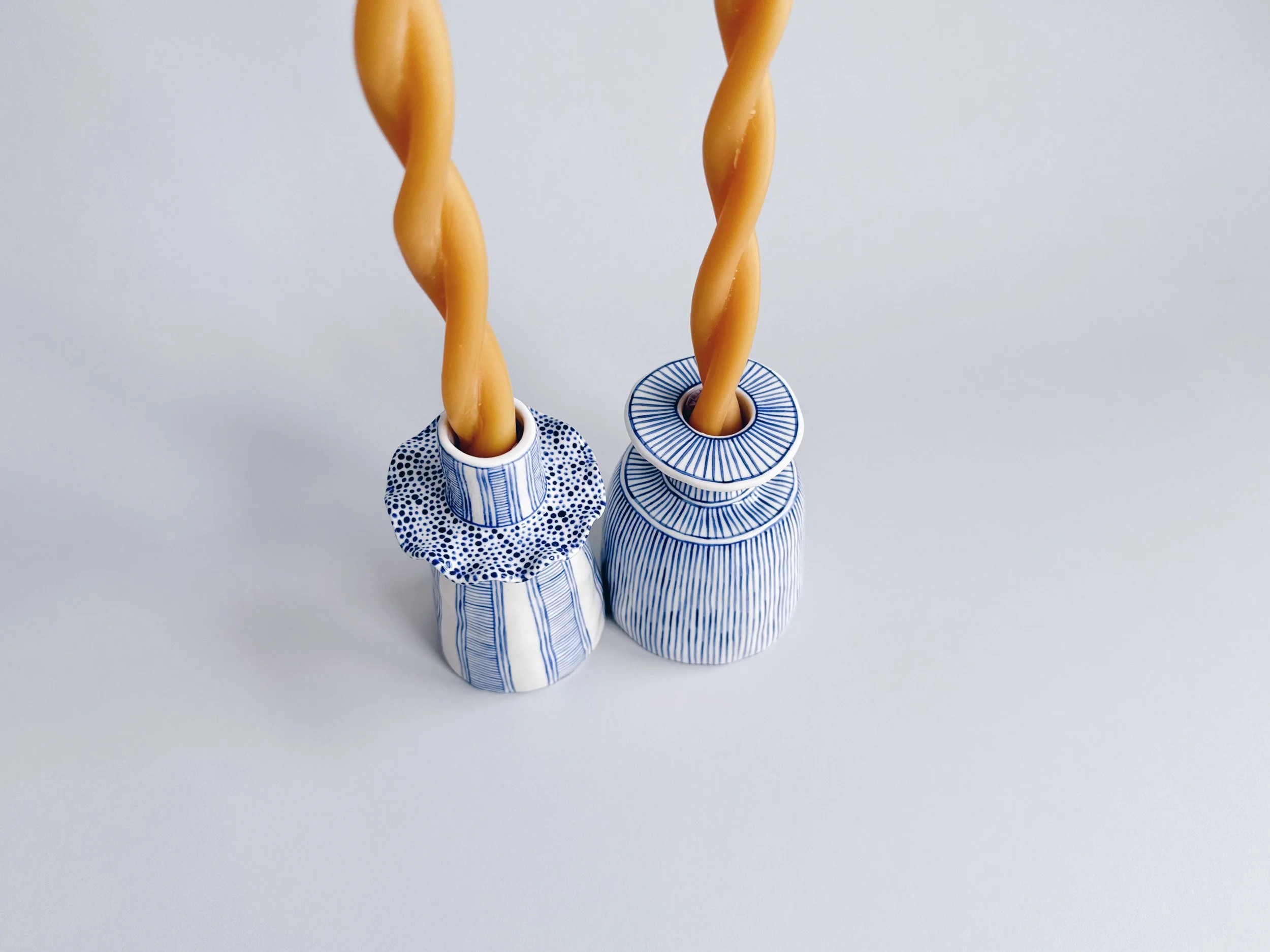 Blue and white, handmade ceramic candleholder.