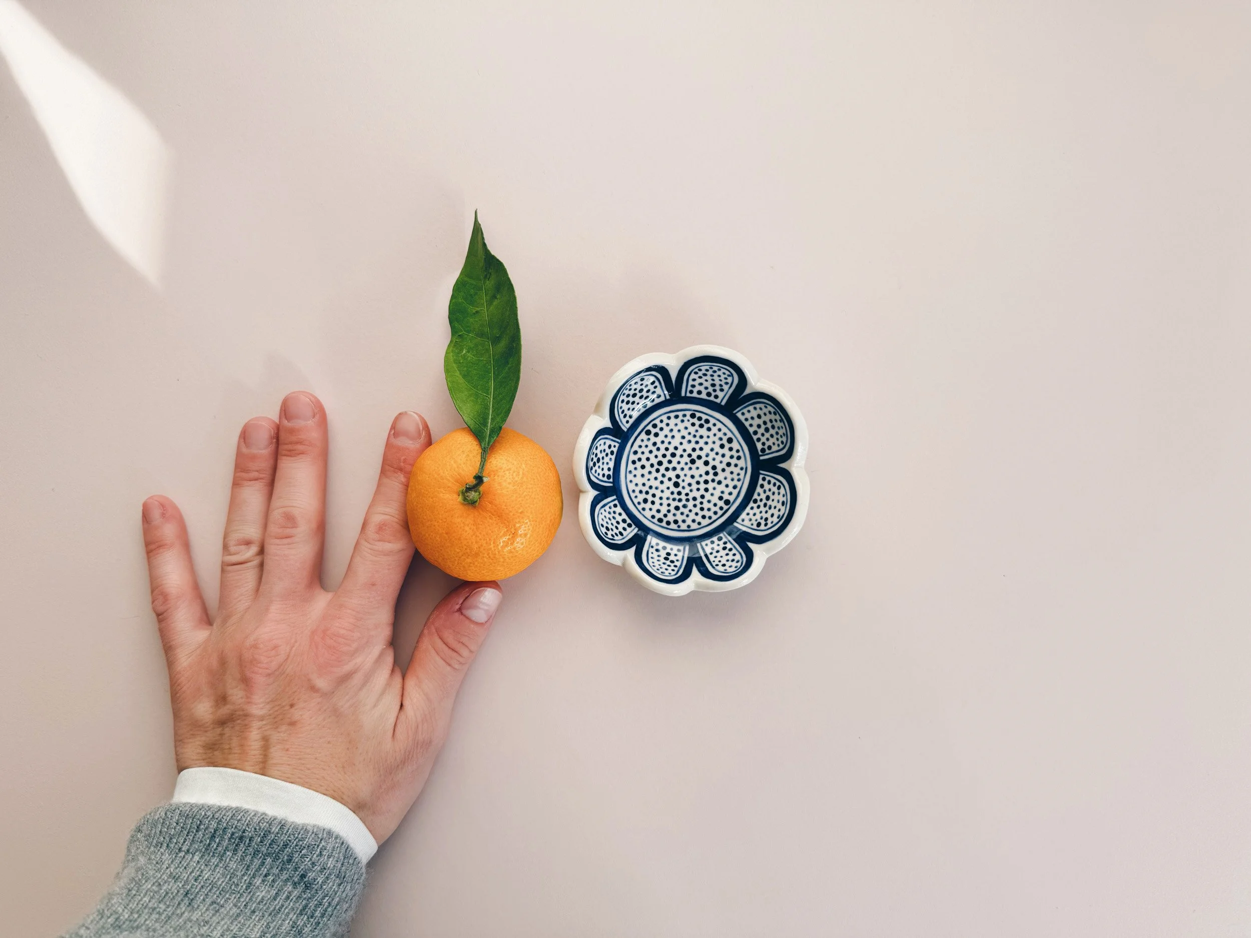 Blue and white, handmade ceramic dish.