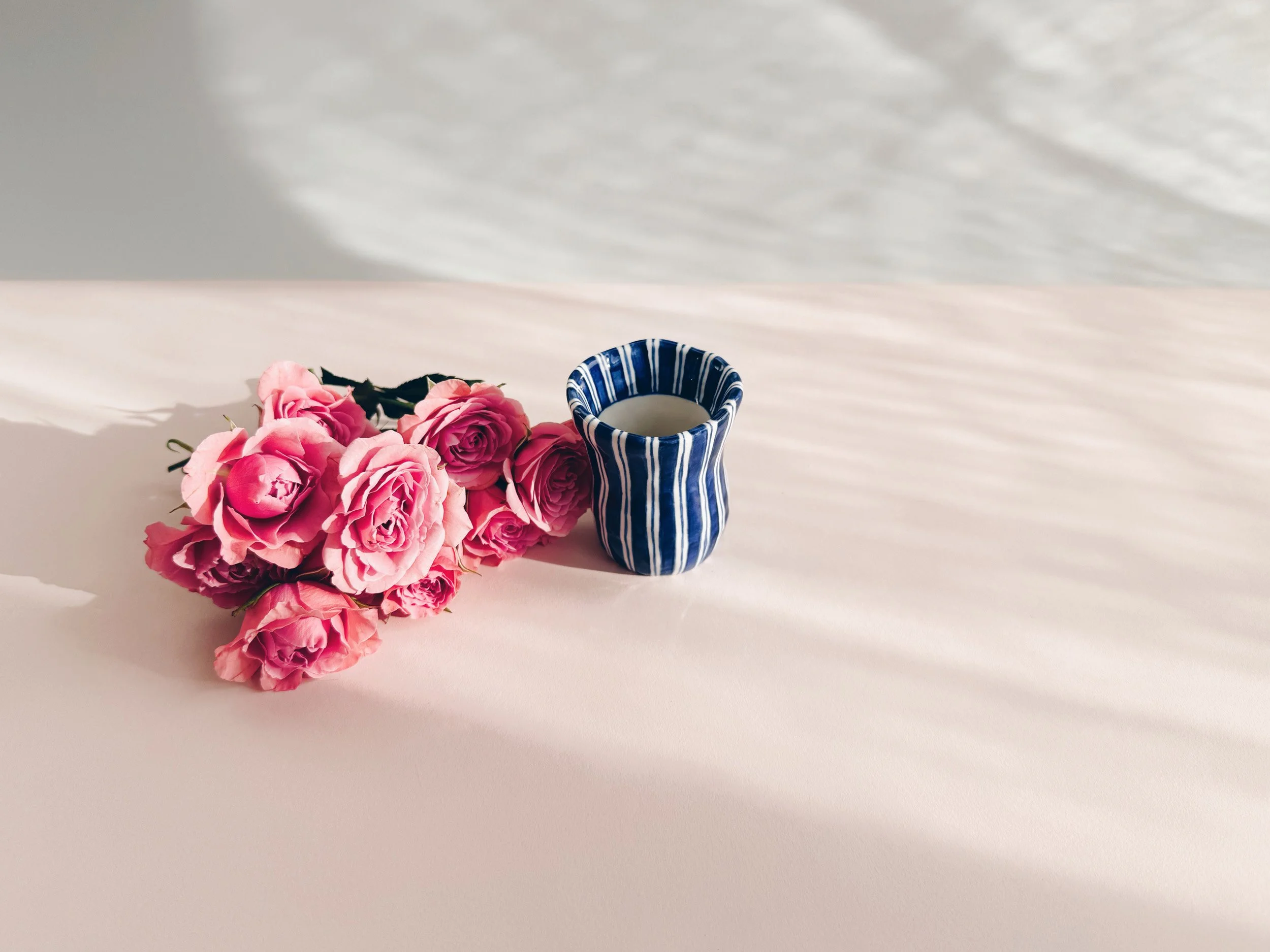 Blue and white, handmade ceramic vase.