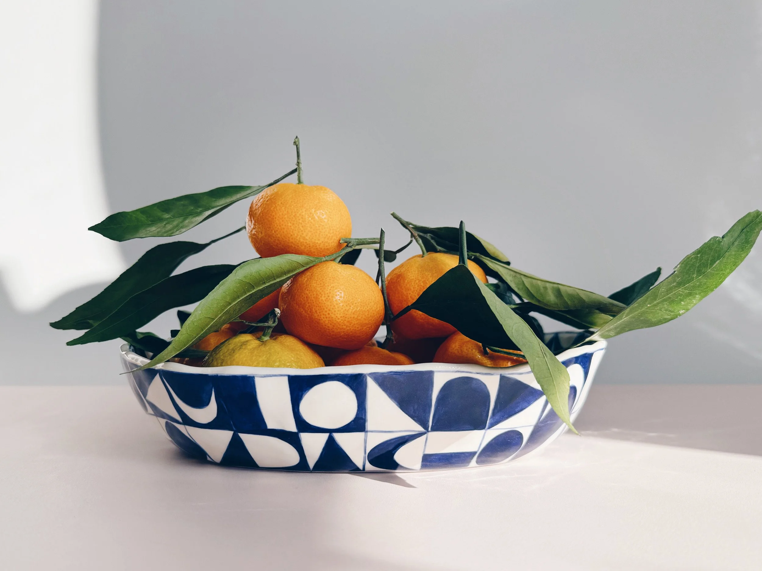 Blue and white, handmade ceramic bowl.