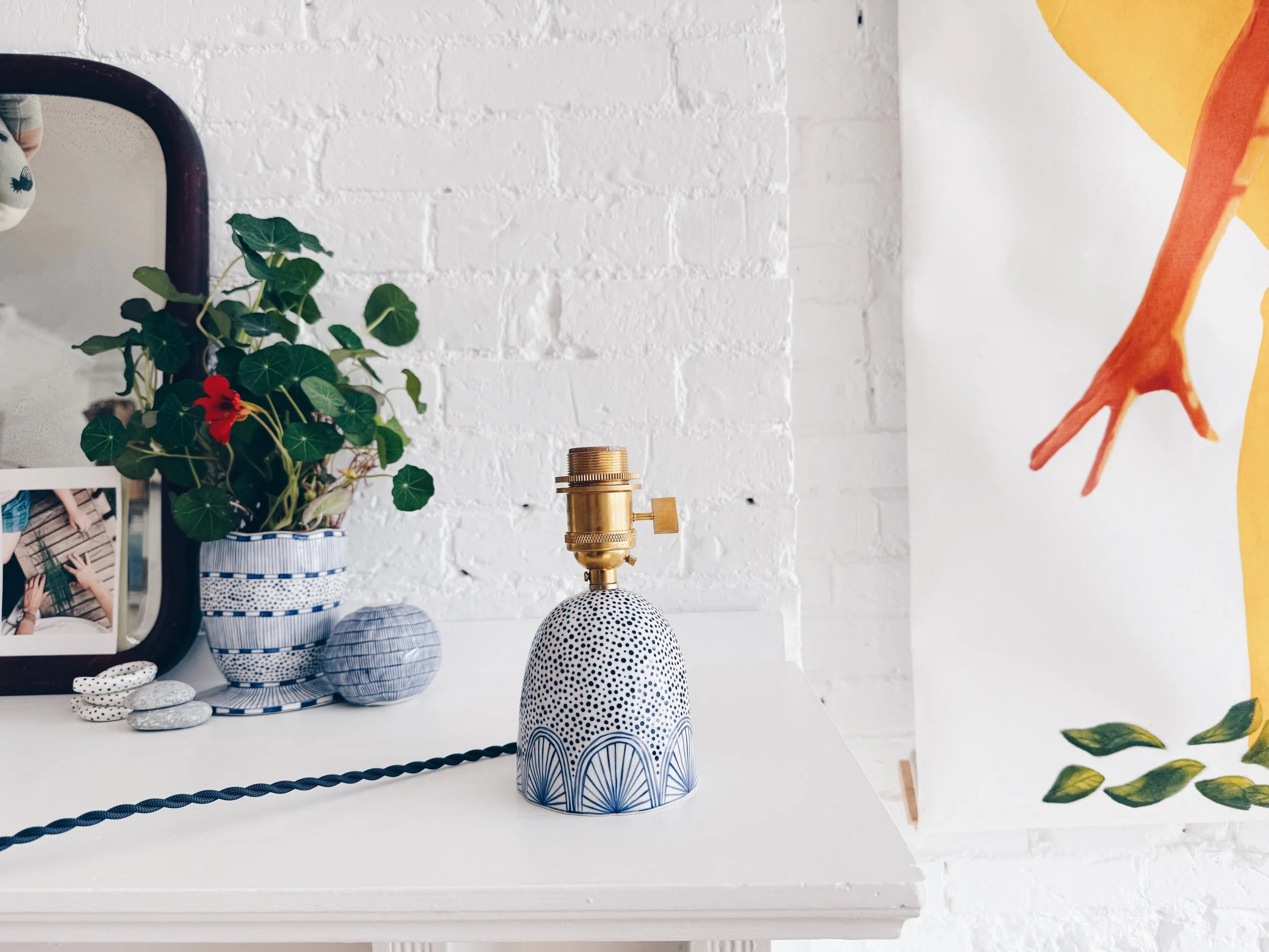 Blue and white, handmade ceramic lamp.