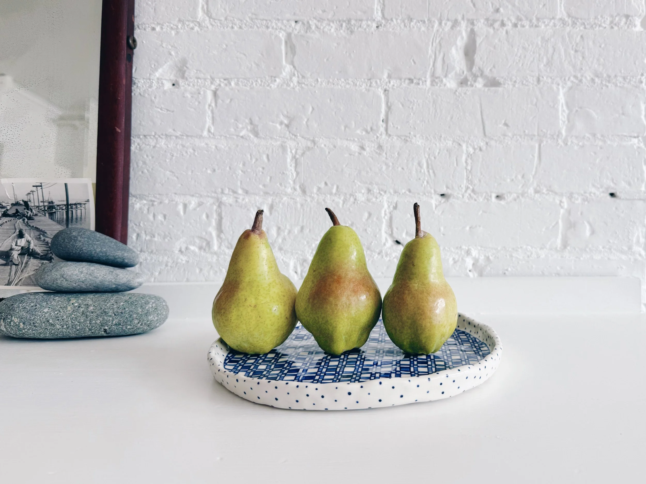 Blue and white, handmade ceramic plate.