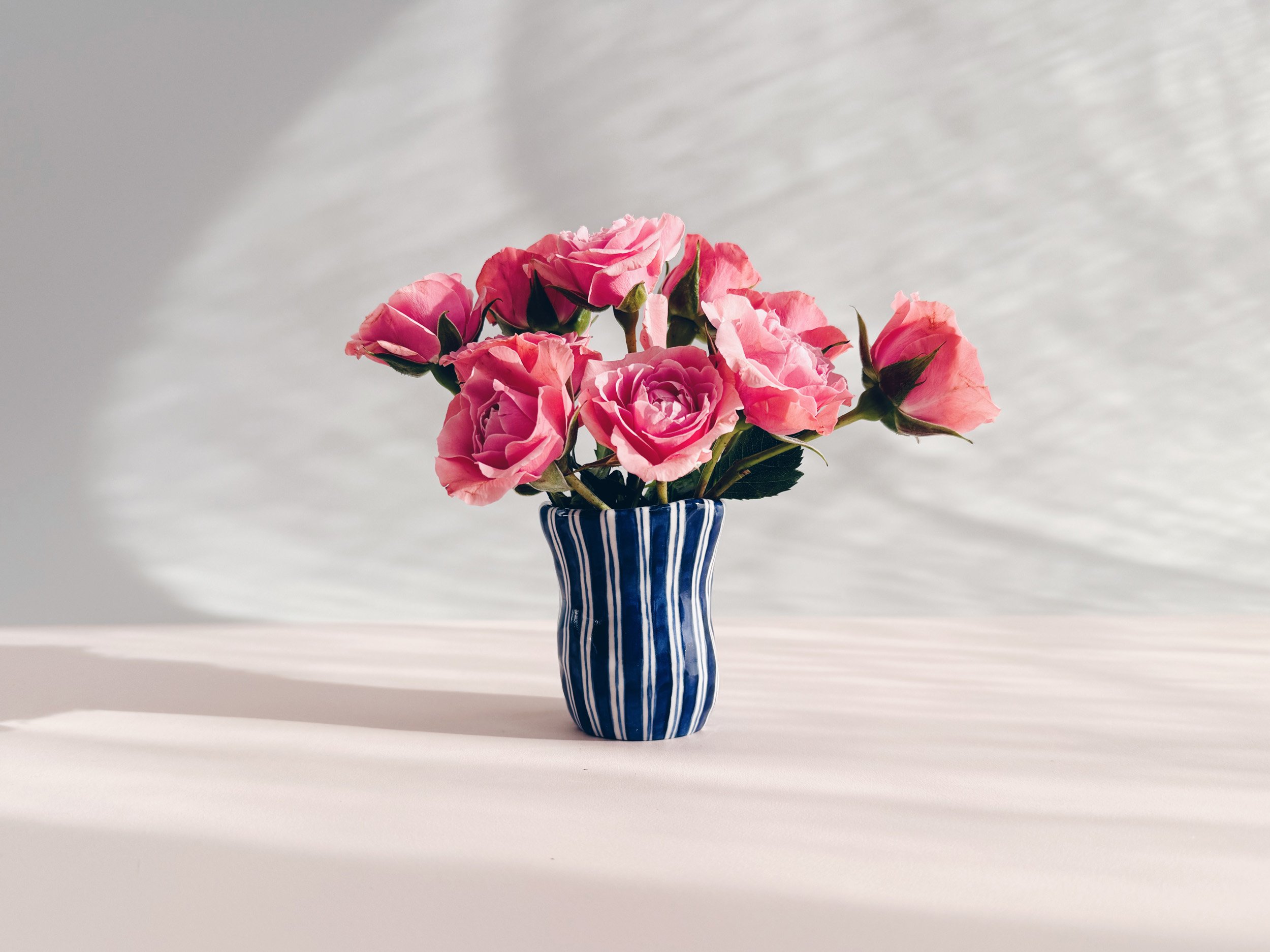 Blue and white, handmade ceramic vase.