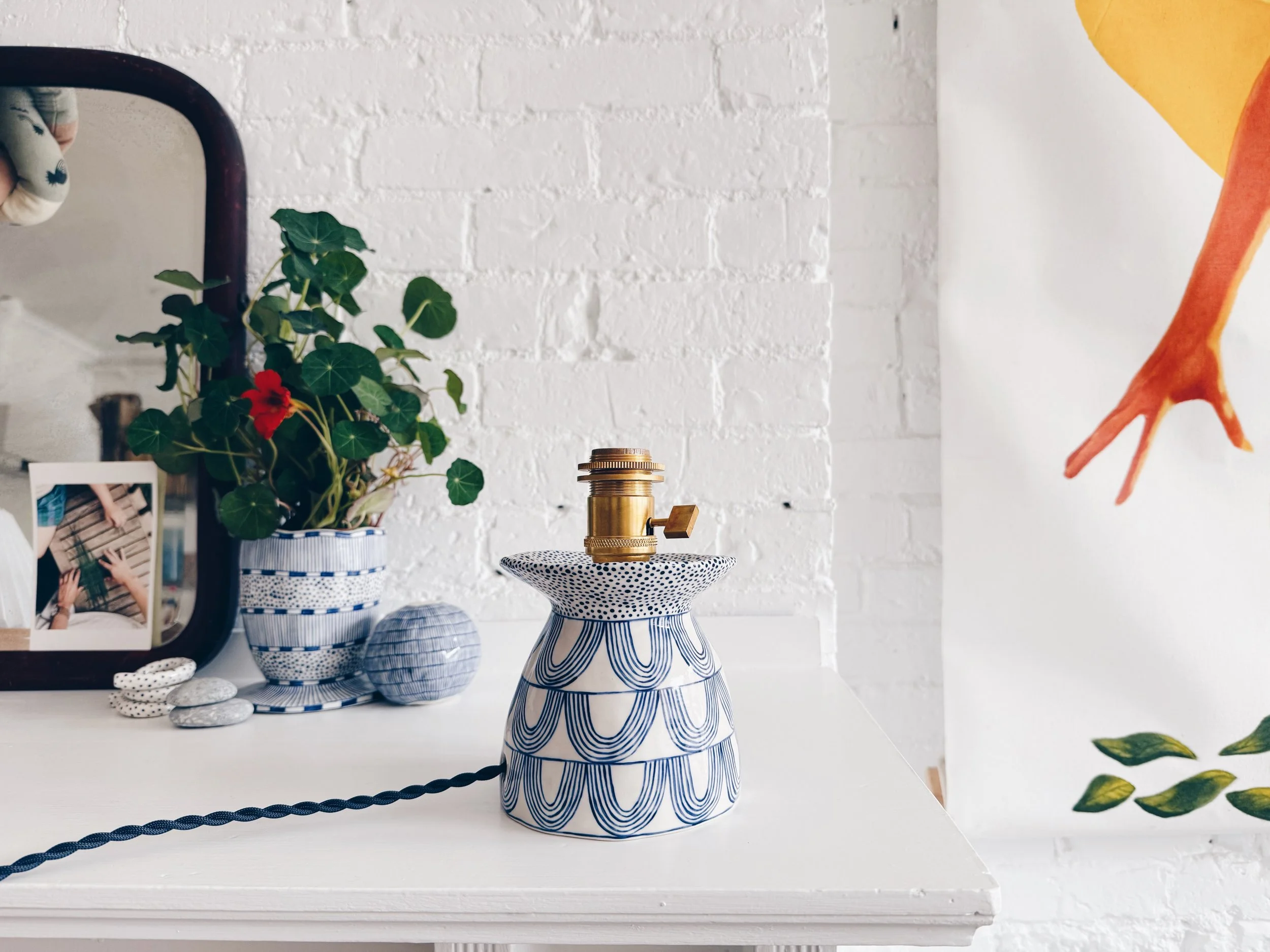 Blue and white, handmade ceramic lamp.