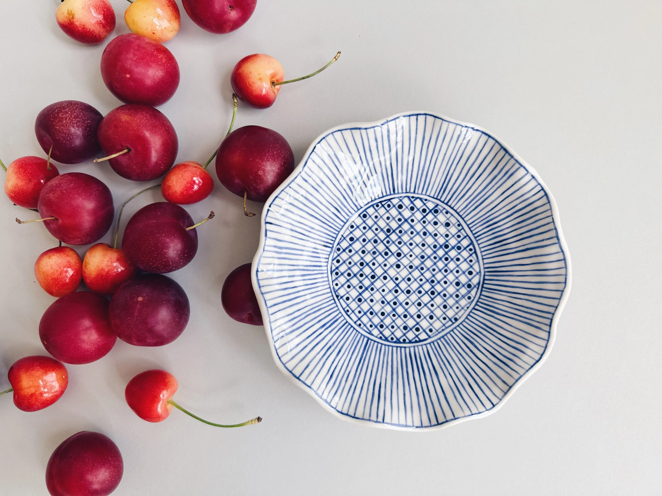 Blue and white, handmade ceramic bowl.