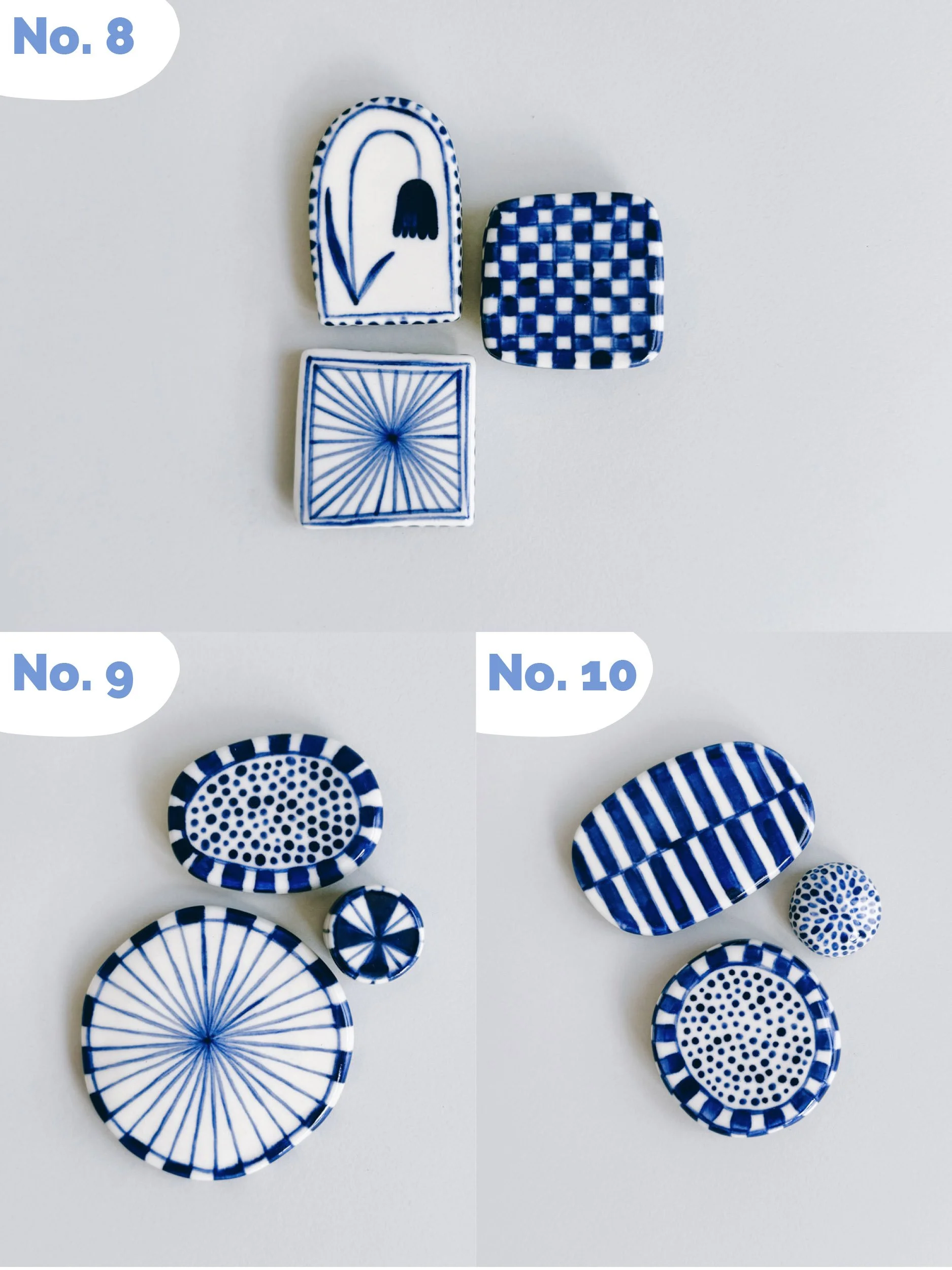 Blue and white, handmade ceramic magnets.