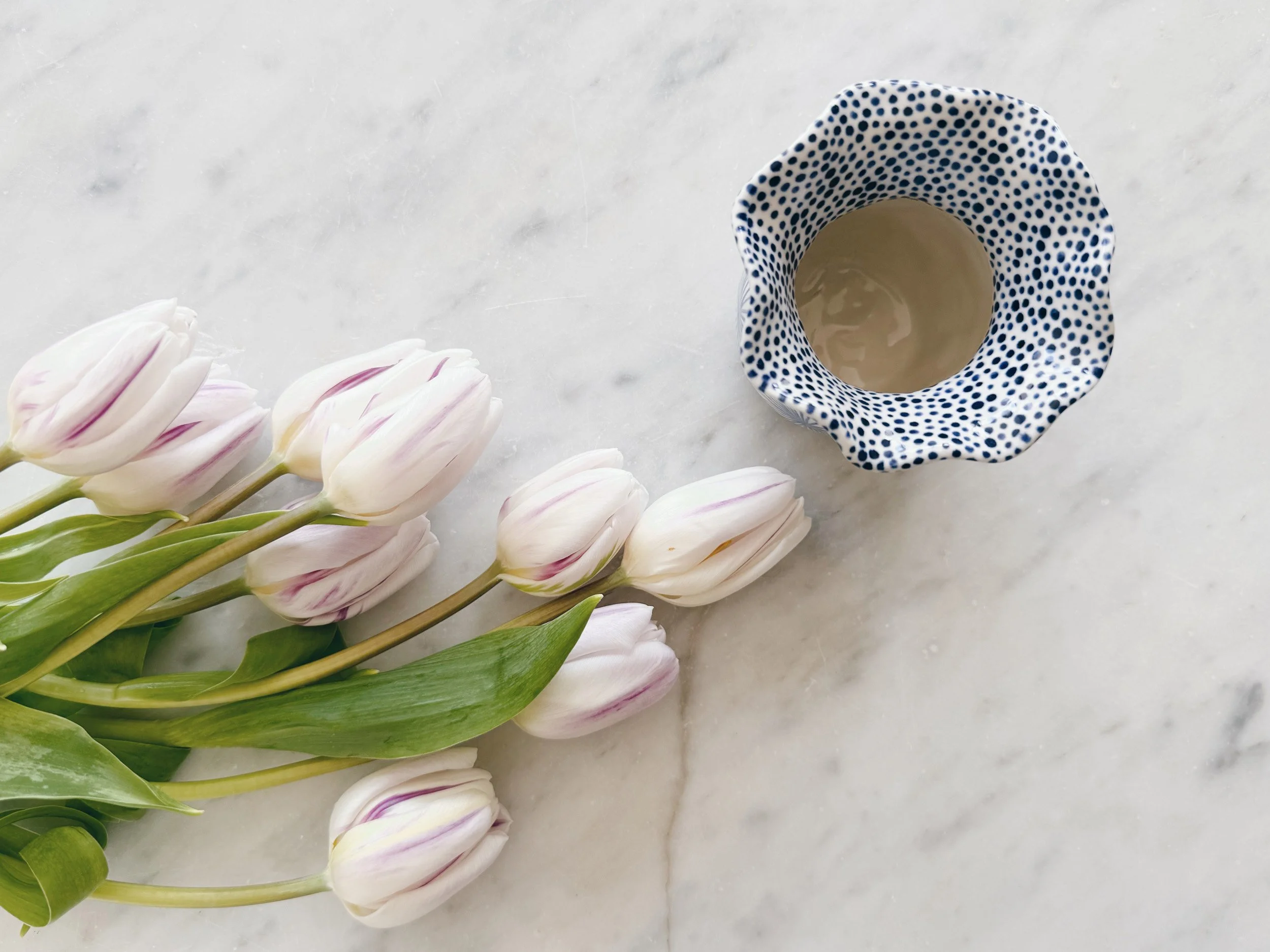 Blue and white, handmade ceramic vase.