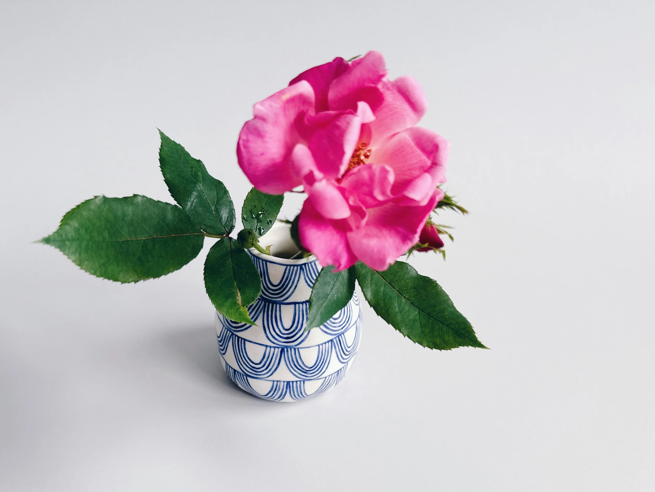 Blue and white, handmade ceramic vase.