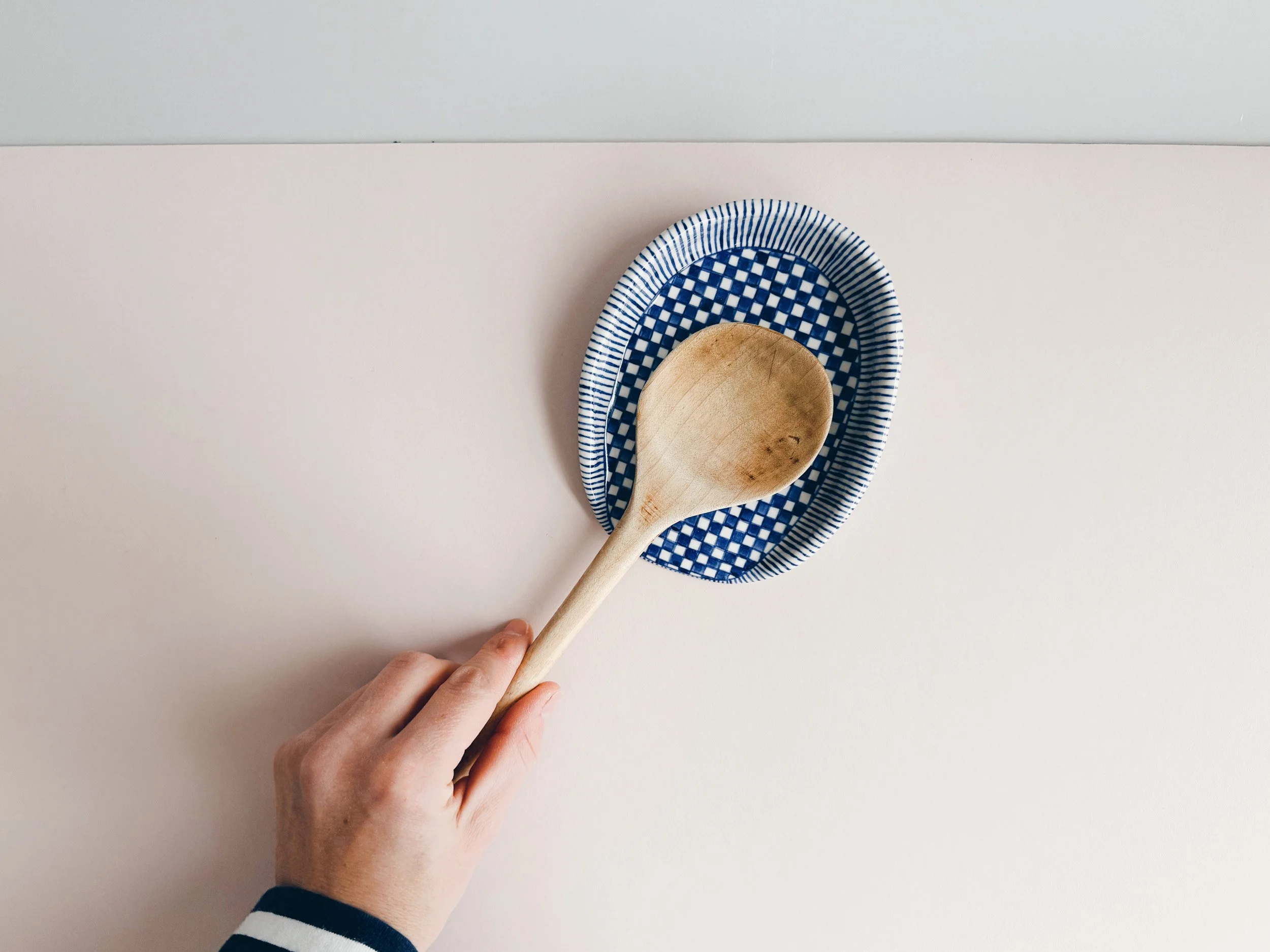 Blue and white, handmade ceramic spoon rest.