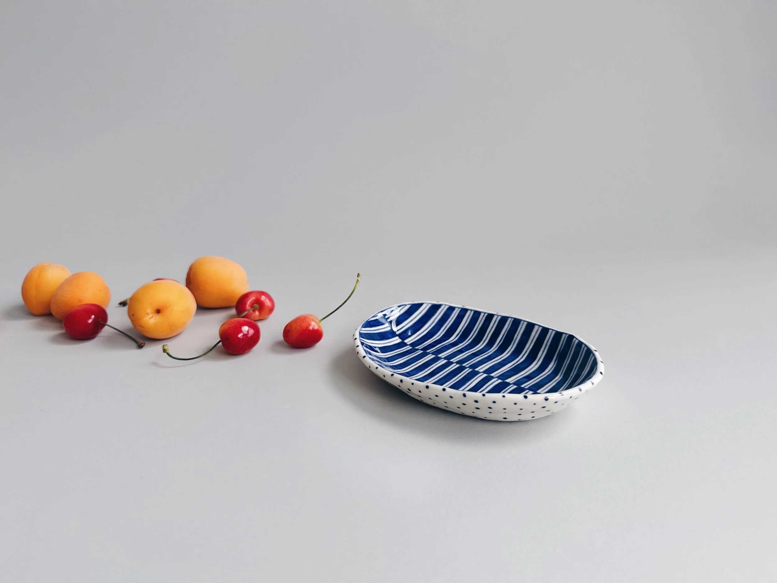 Blue and white, handmade ceramic dish.