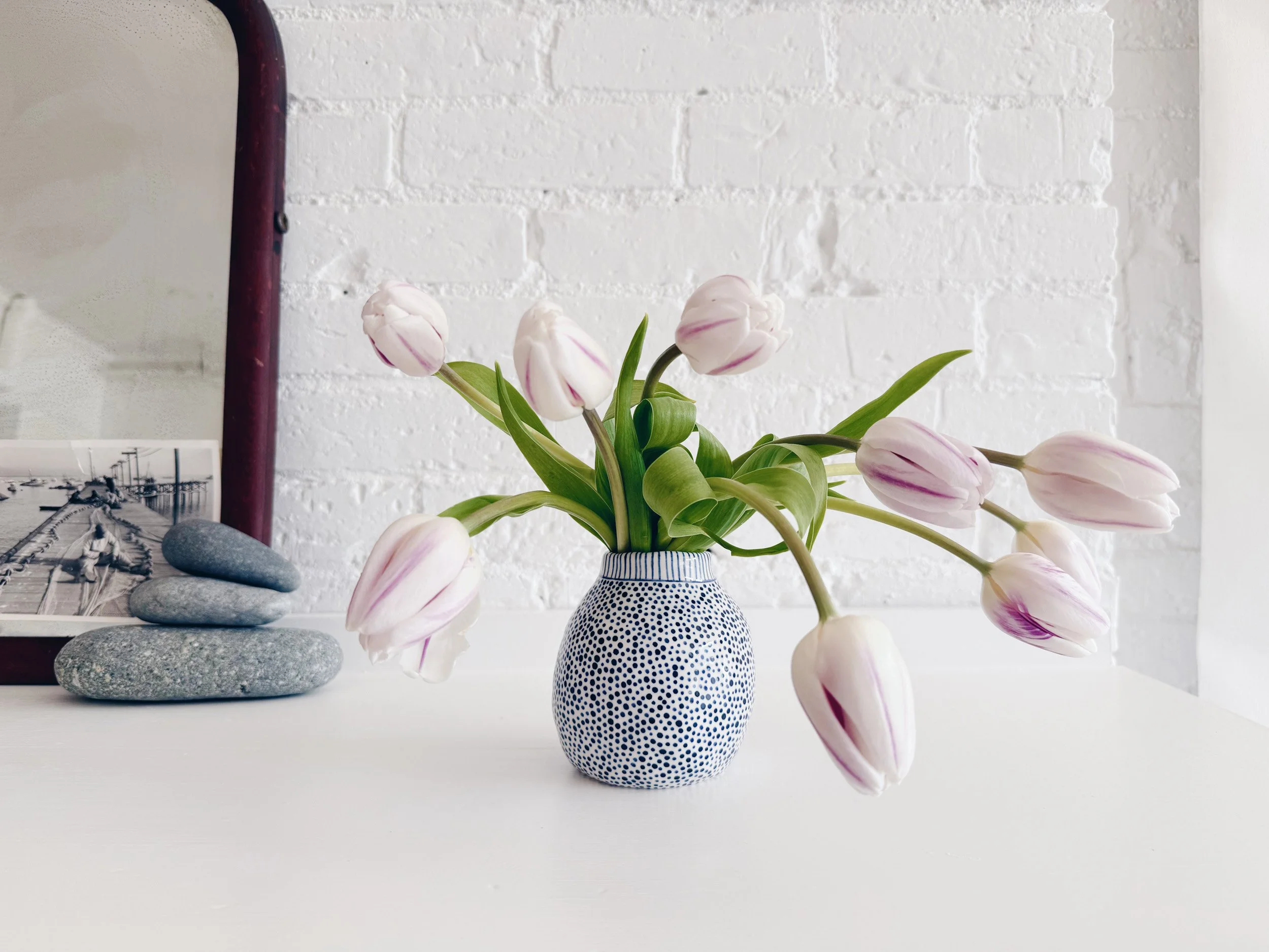 Blue and white, handmade ceramic vase.