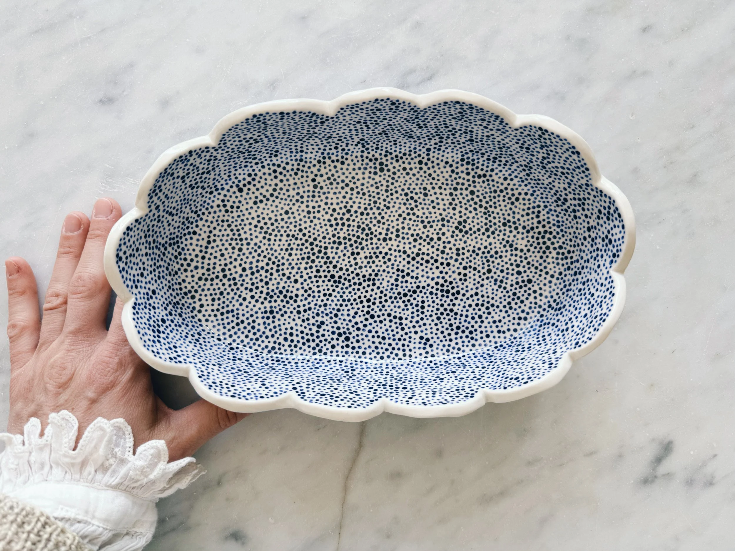 Blue and white, handmade ceramic dish.