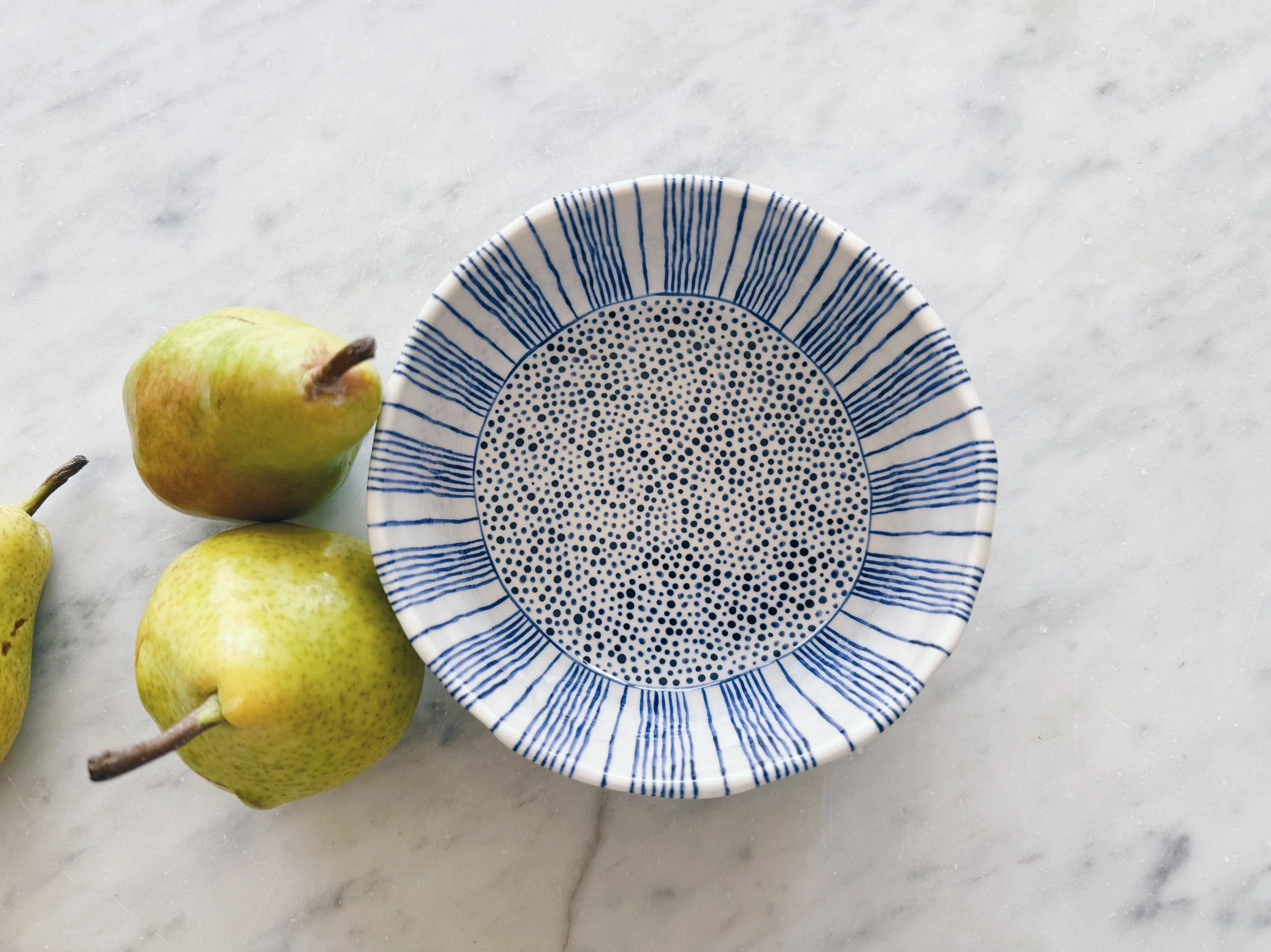 Blue and white, handmade ceramic dish.