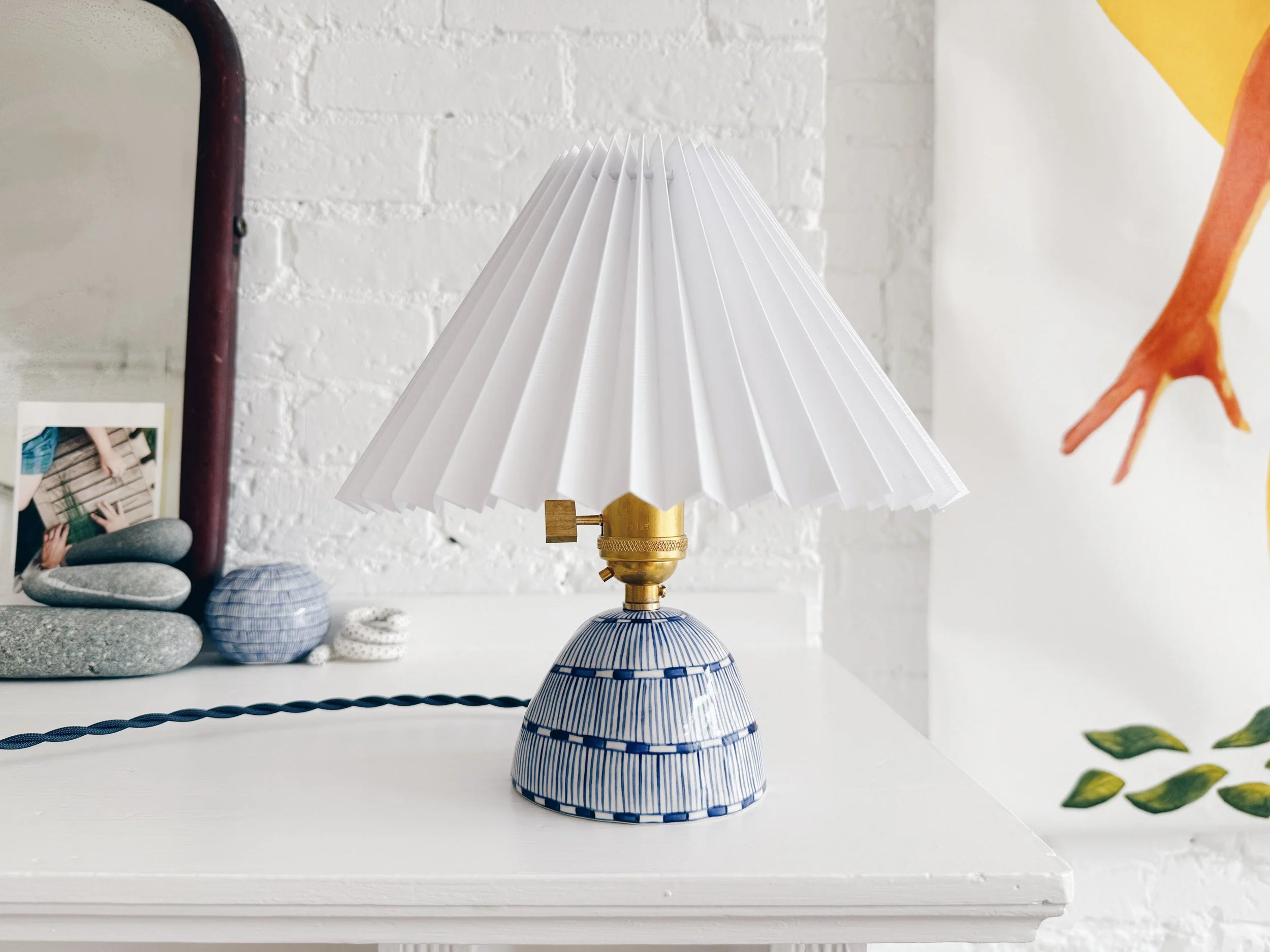 Blue and white, handmade ceramic lamp.