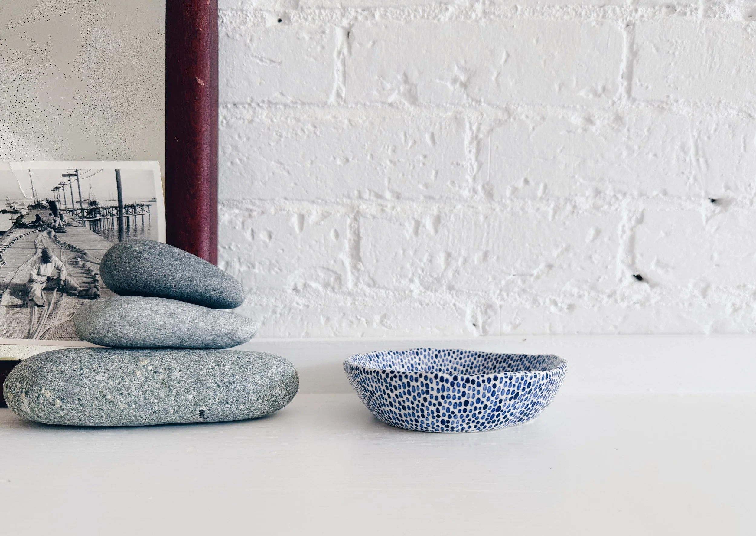 Blue and white, handmade ceramic bowl.