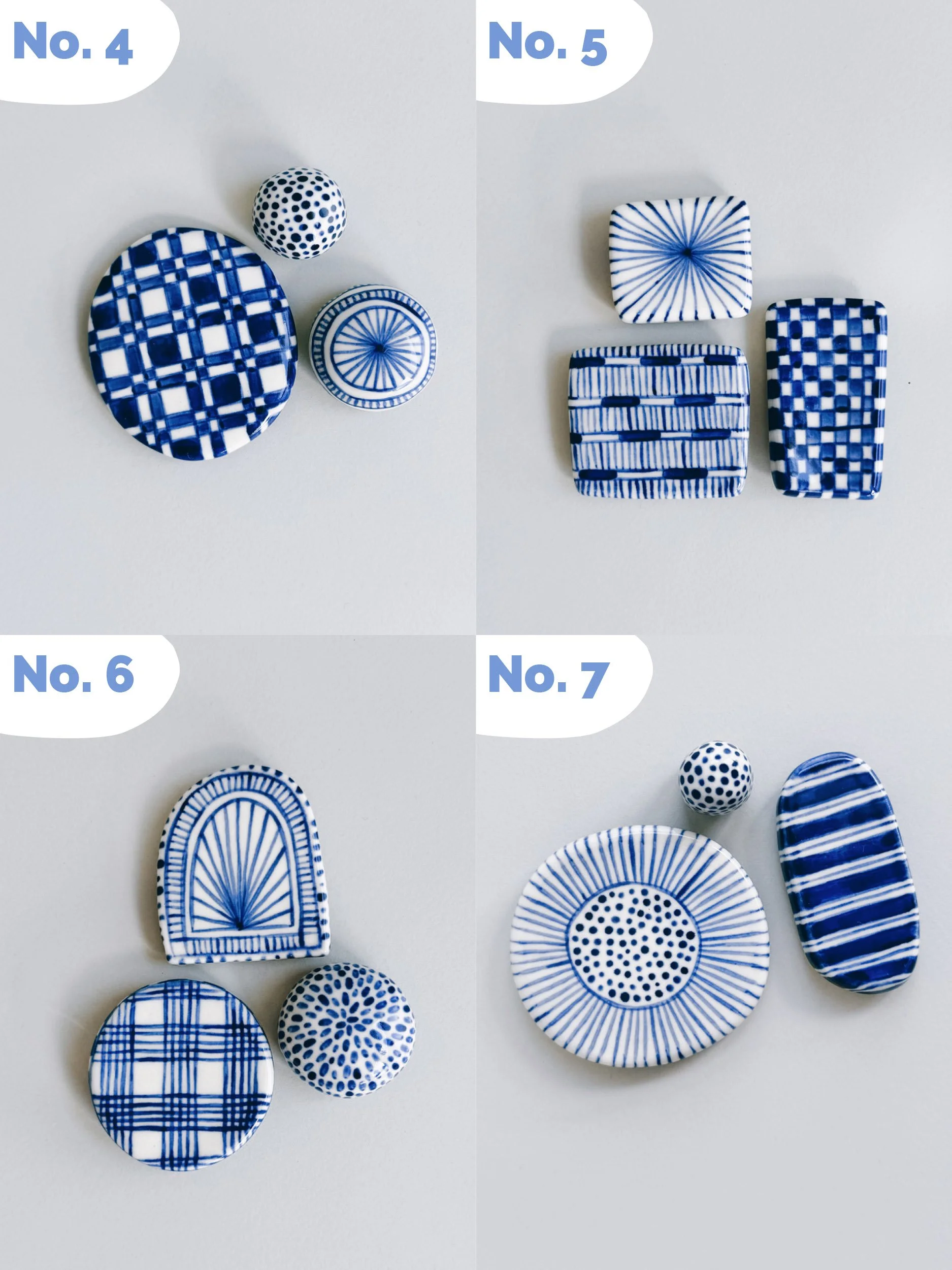 Blue and white, handmade ceramic magnets.