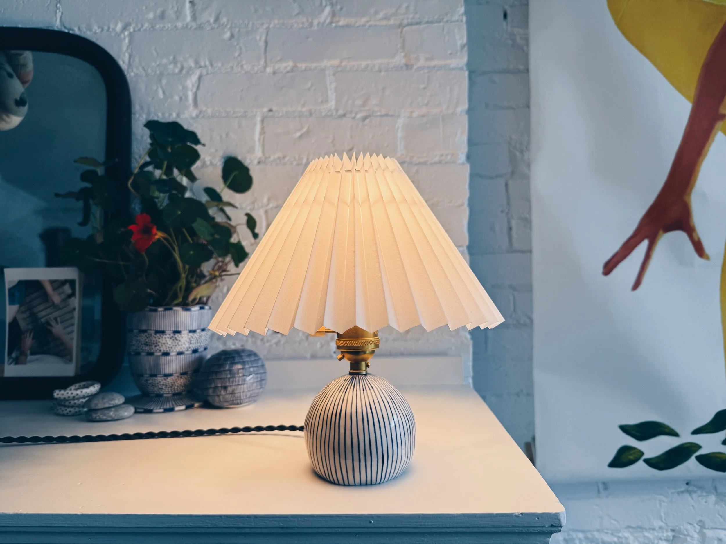 Blue and white, handmade ceramic lamp.