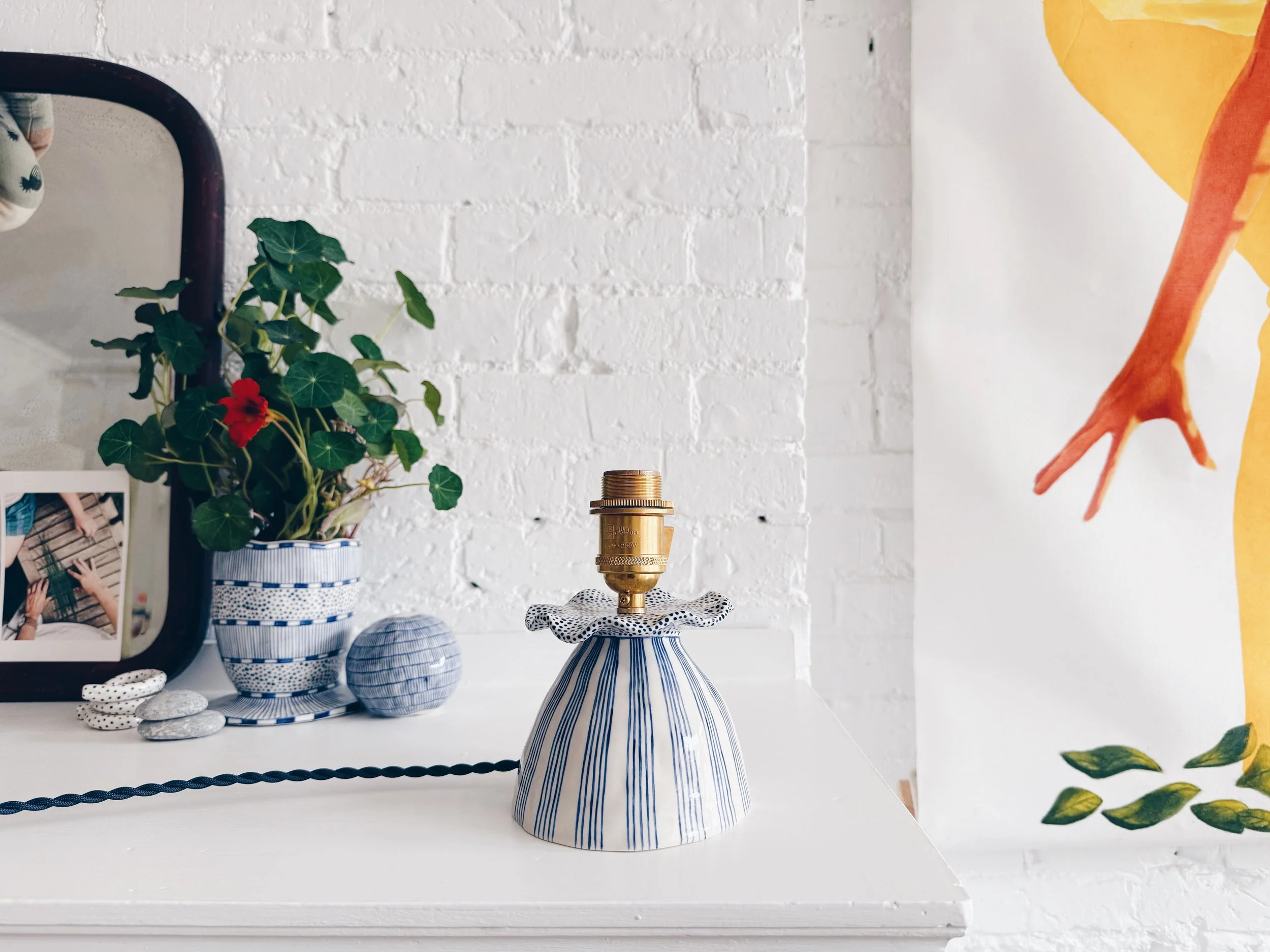 Blue and white, handmade ceramic lamp.