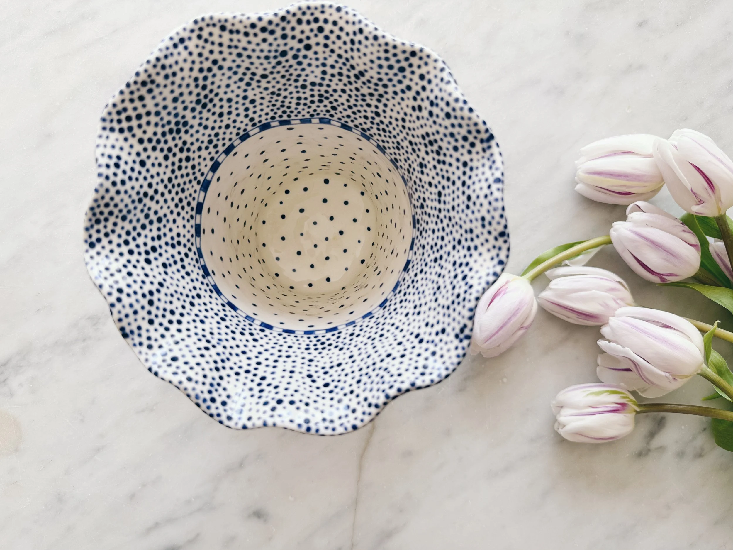 Blue and white, handmade ceramic vase.
