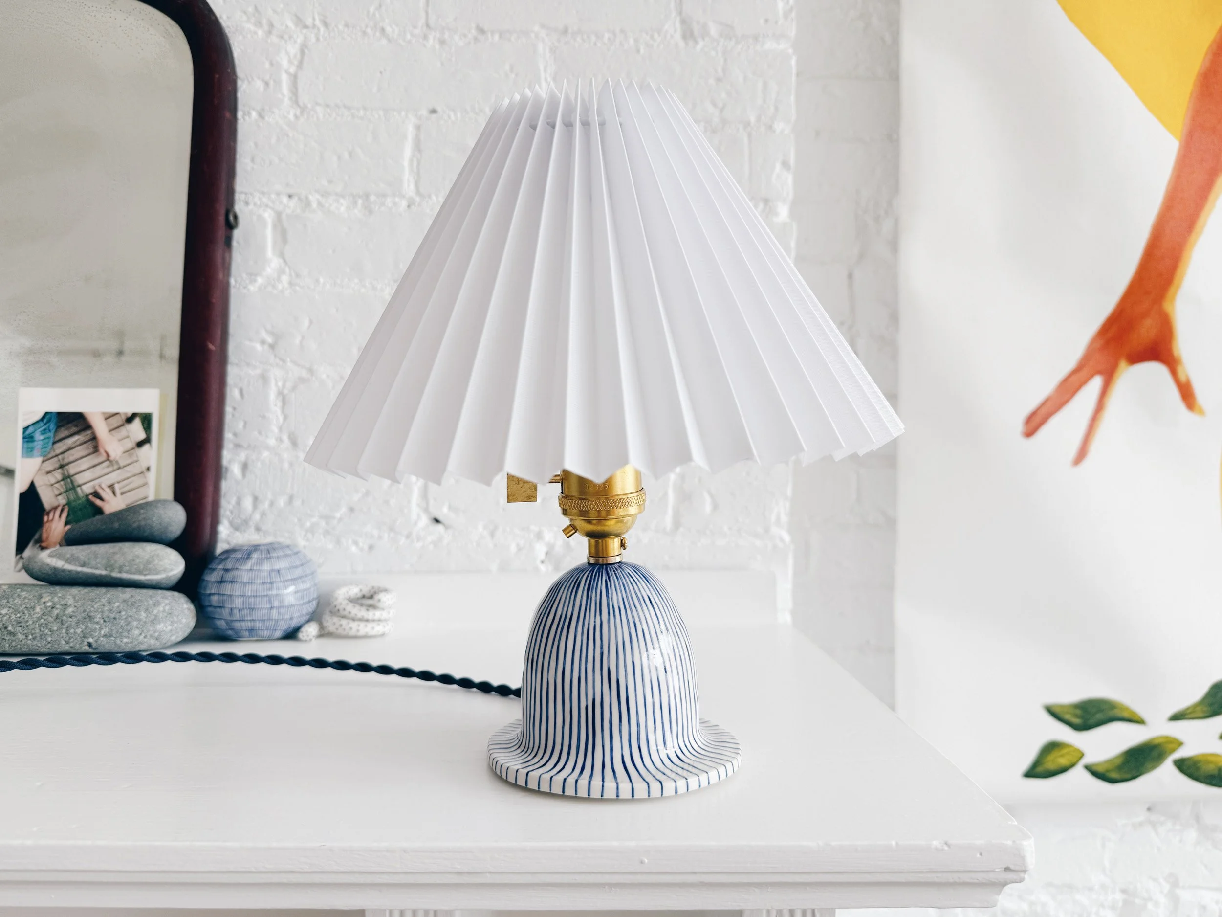Blue and white, handmade ceramic lamp.