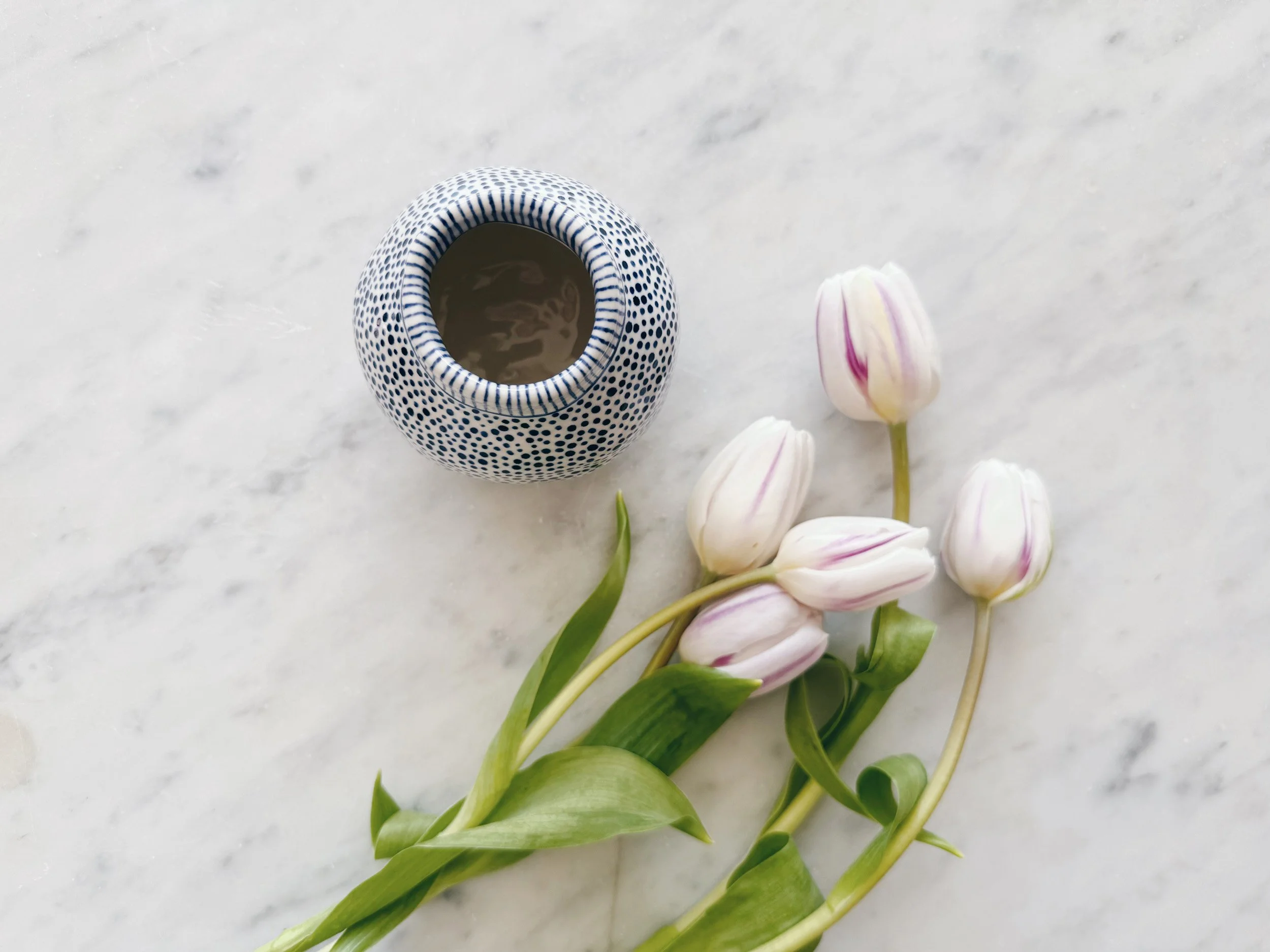 Blue and white, handmade ceramic vase.