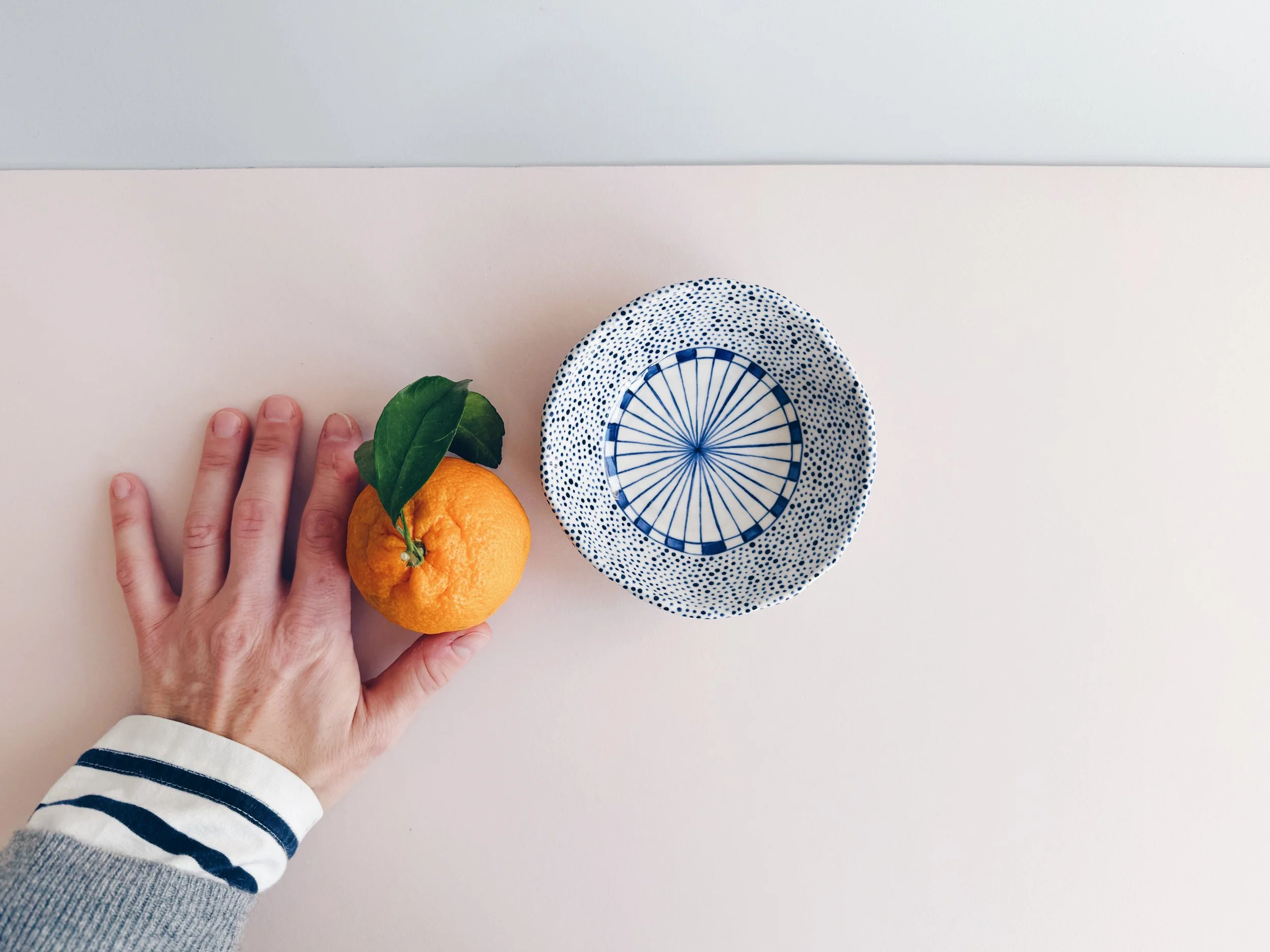 Blue and white, handmade ceramic bowl.