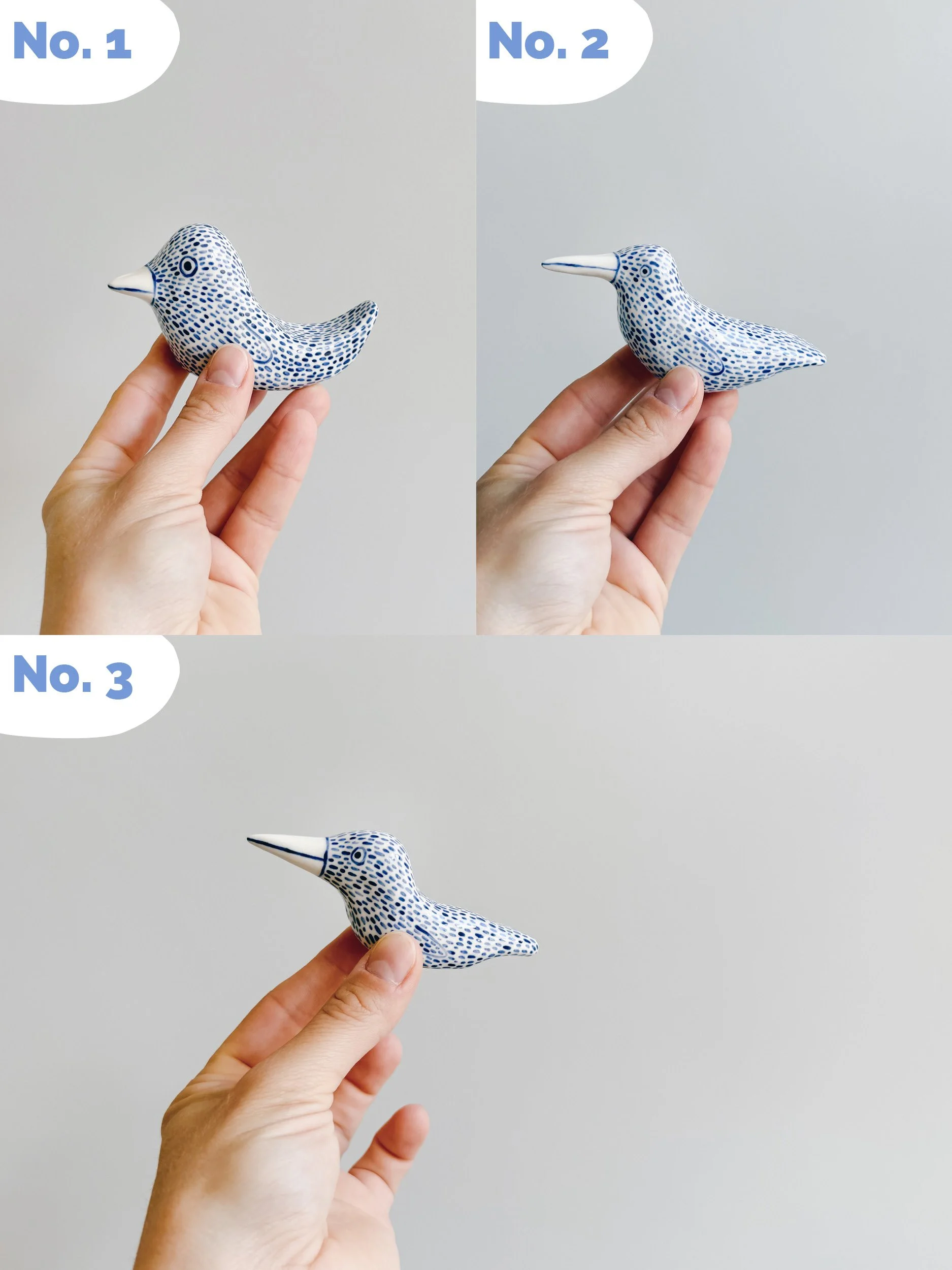 Blue and white, handmade ceramic bird.