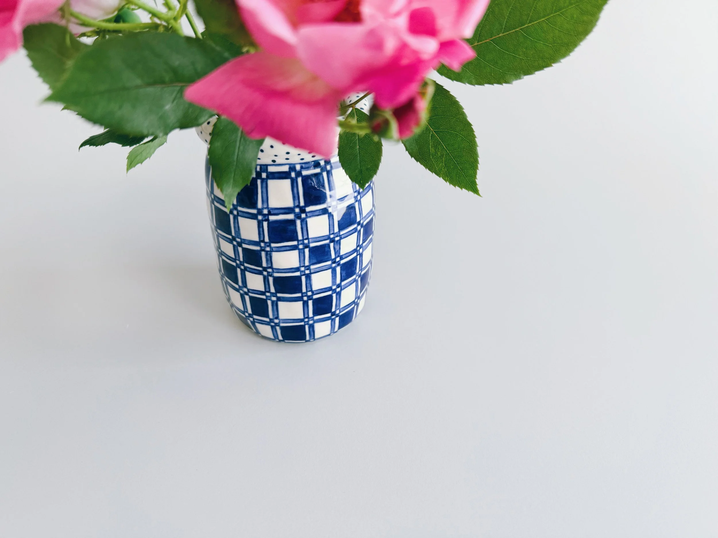Blue and white, handmade ceramic vase.