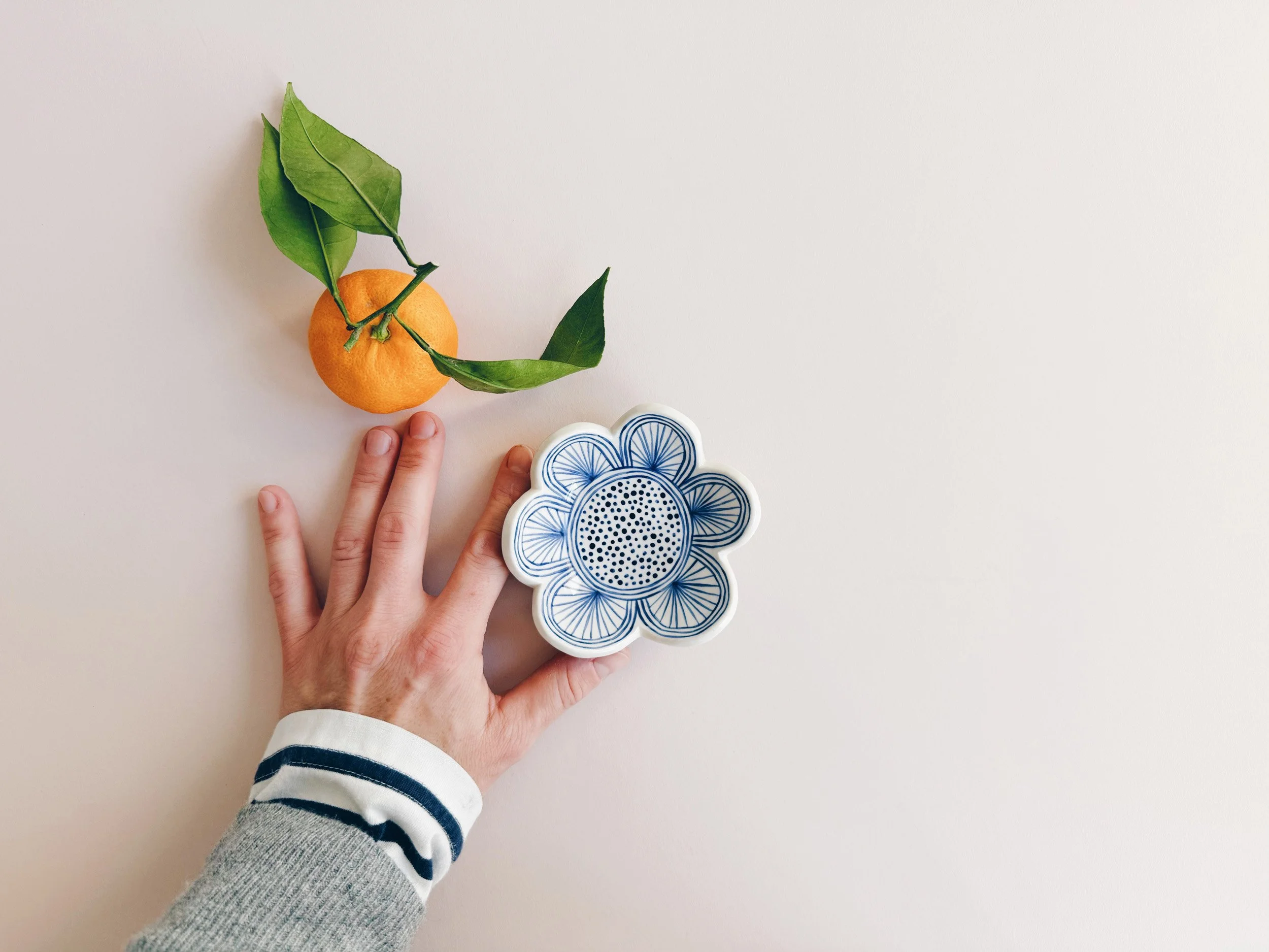 Blue and white, handmade ceramic dish.