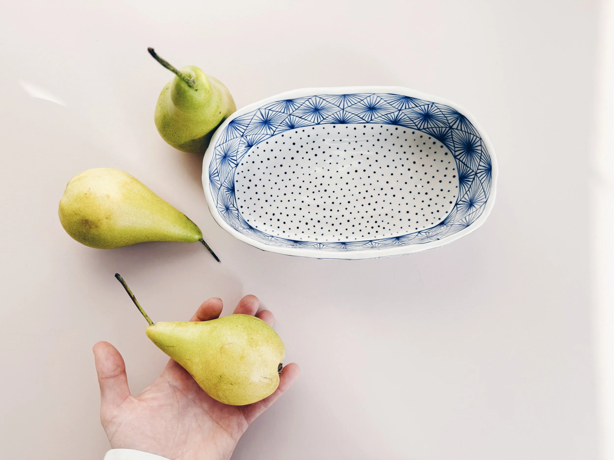 Blue and white, handmade ceramic dish.