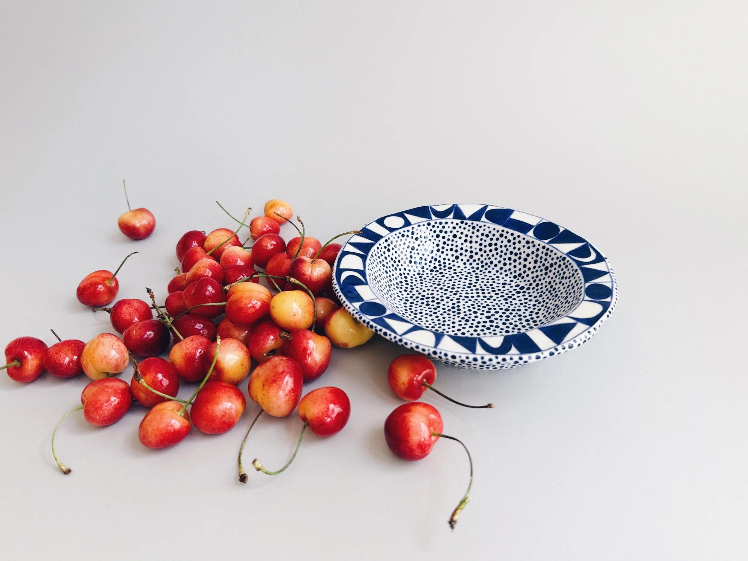 Blue and white, handmade ceramic dish.