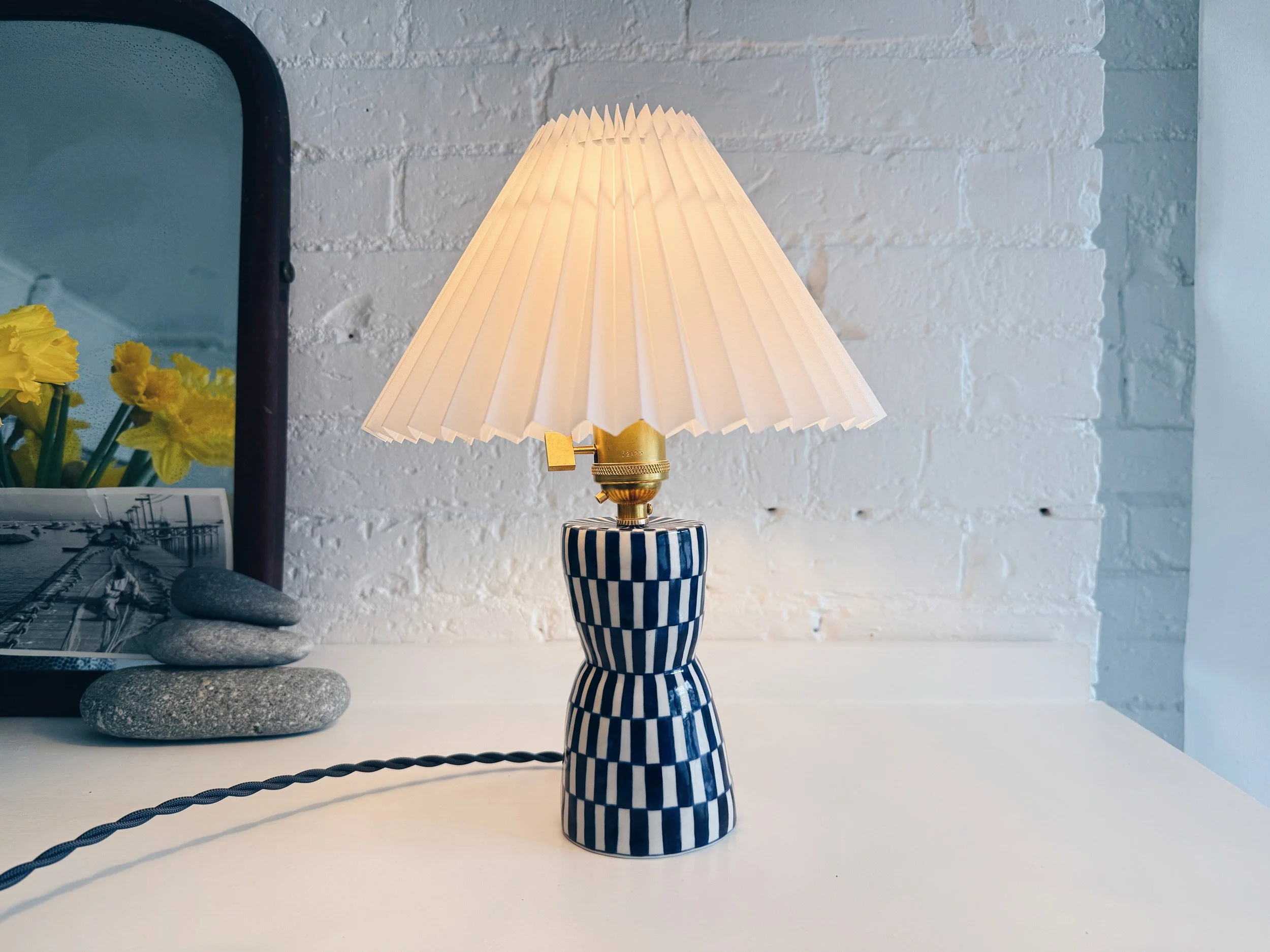 Blue and white, handmade ceramic lamp.