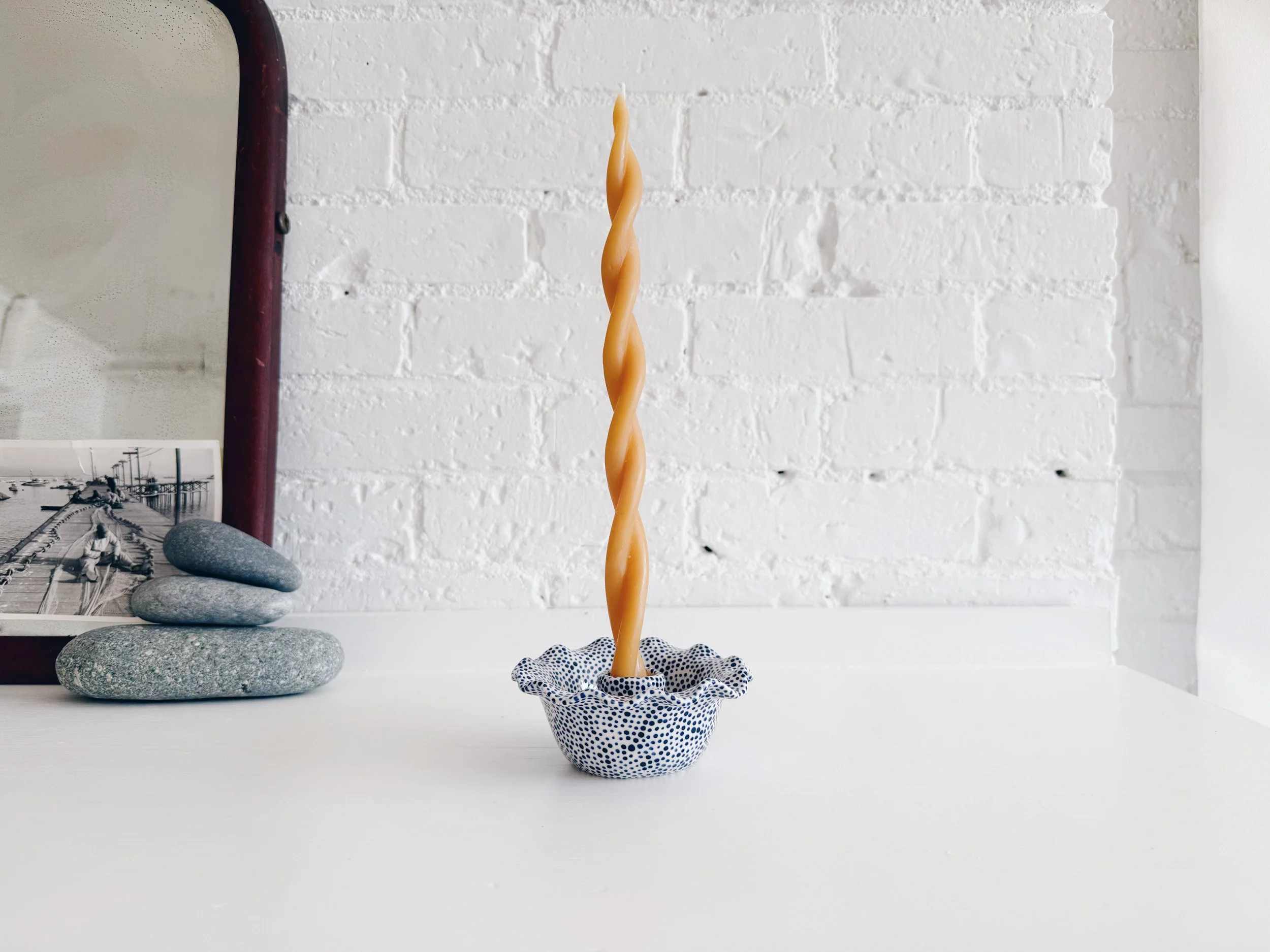 Blue and white, handmade ceramic candleholder.