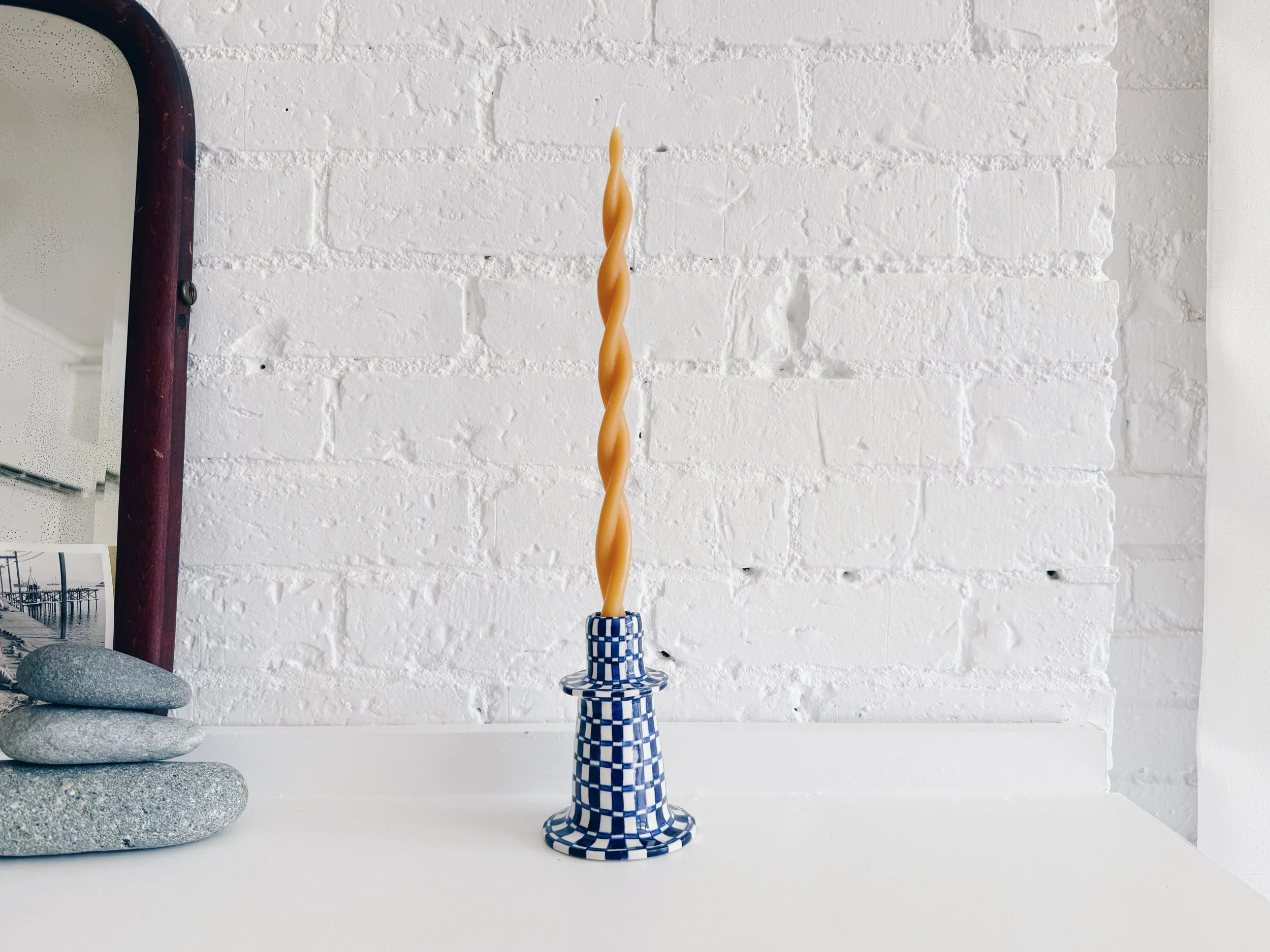 Blue and white, handmade ceramic candleholder.