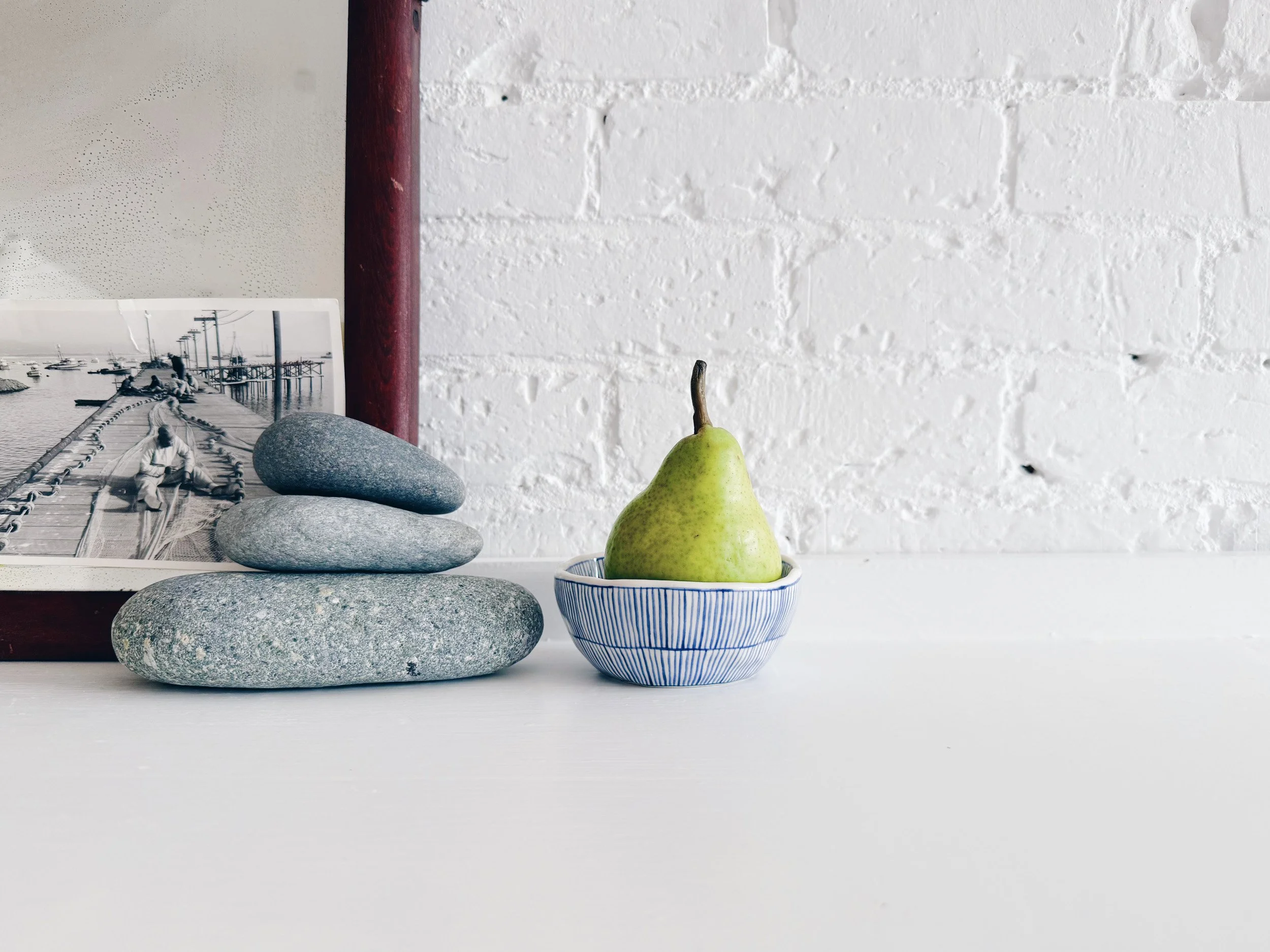 Blue and white, handmade ceramic bowl.