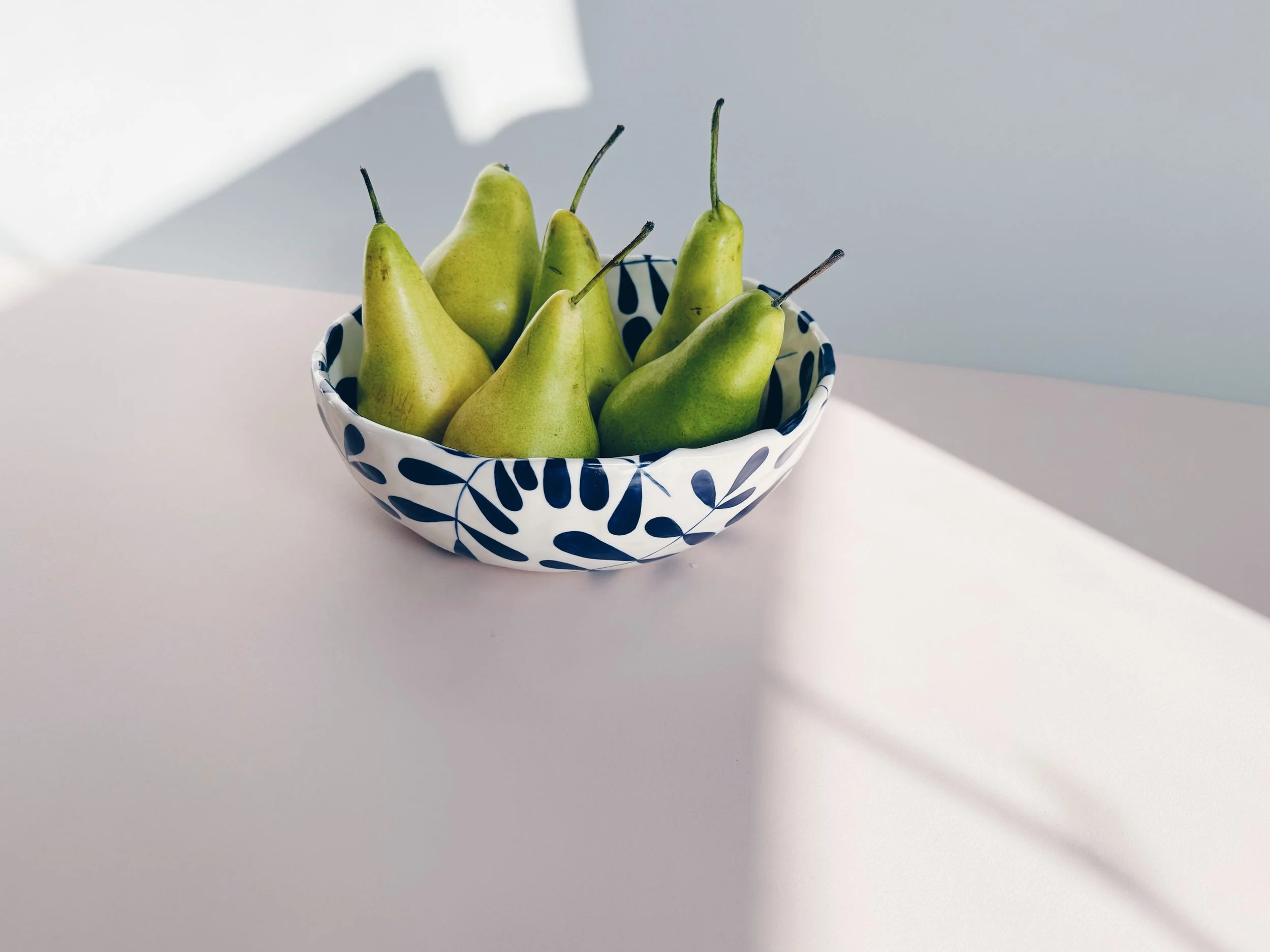 Blue and white, handmade ceramic bowl.
